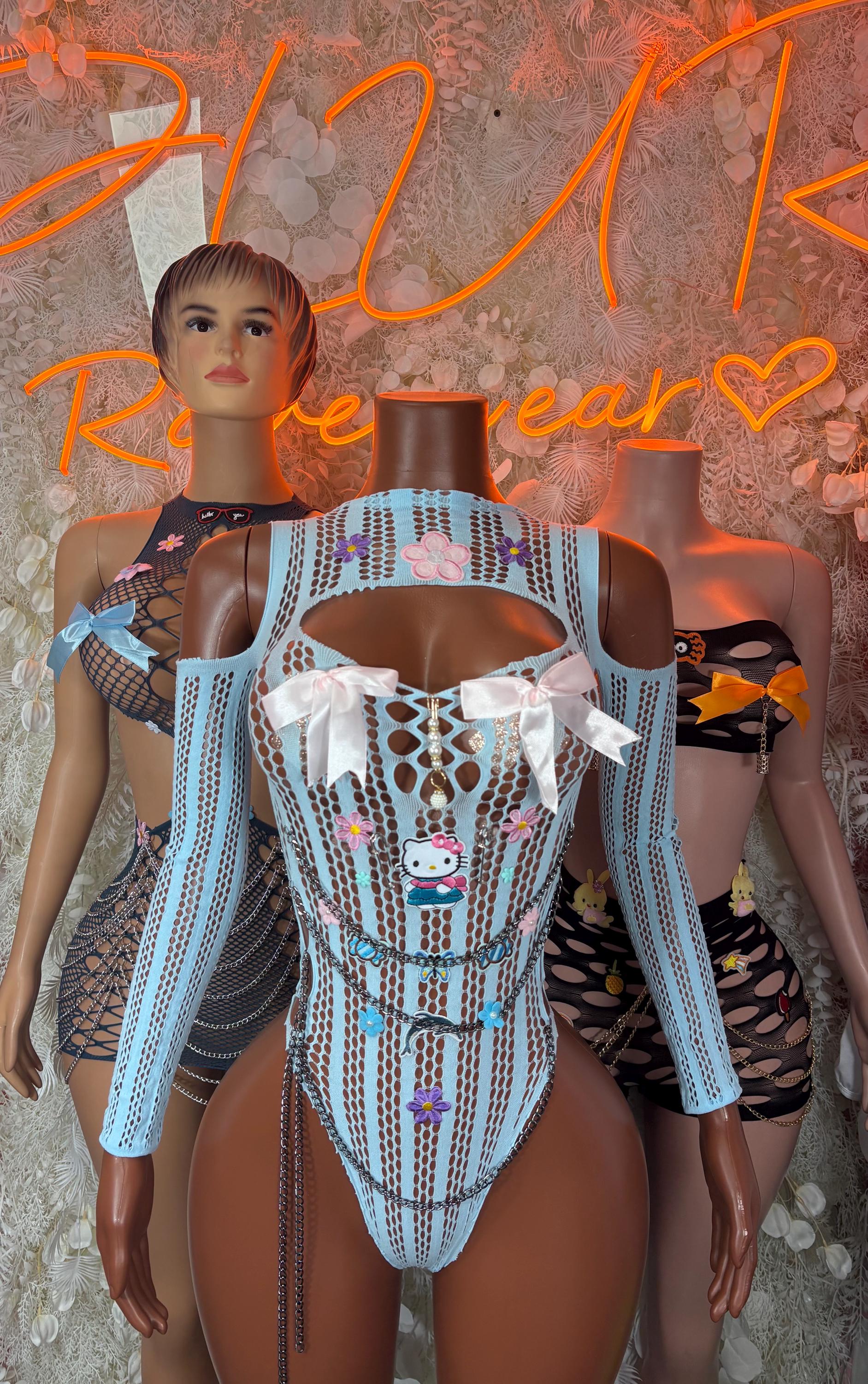 Blue/white rhinestone fishnet bodysuit with open back and drape sleeves