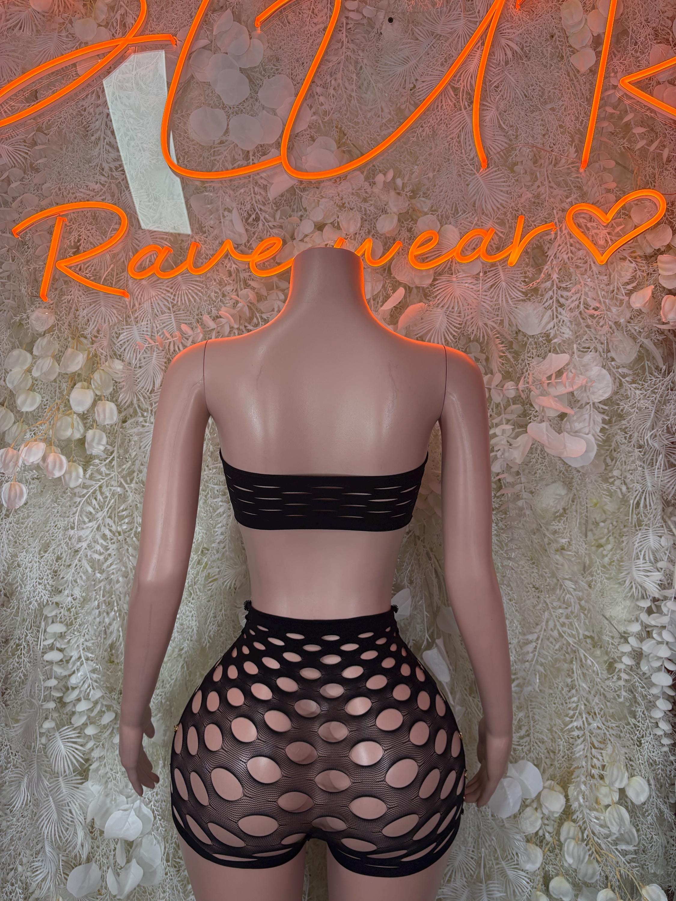 Black fishnet two-piece set with bandeau top and high-waist shorts