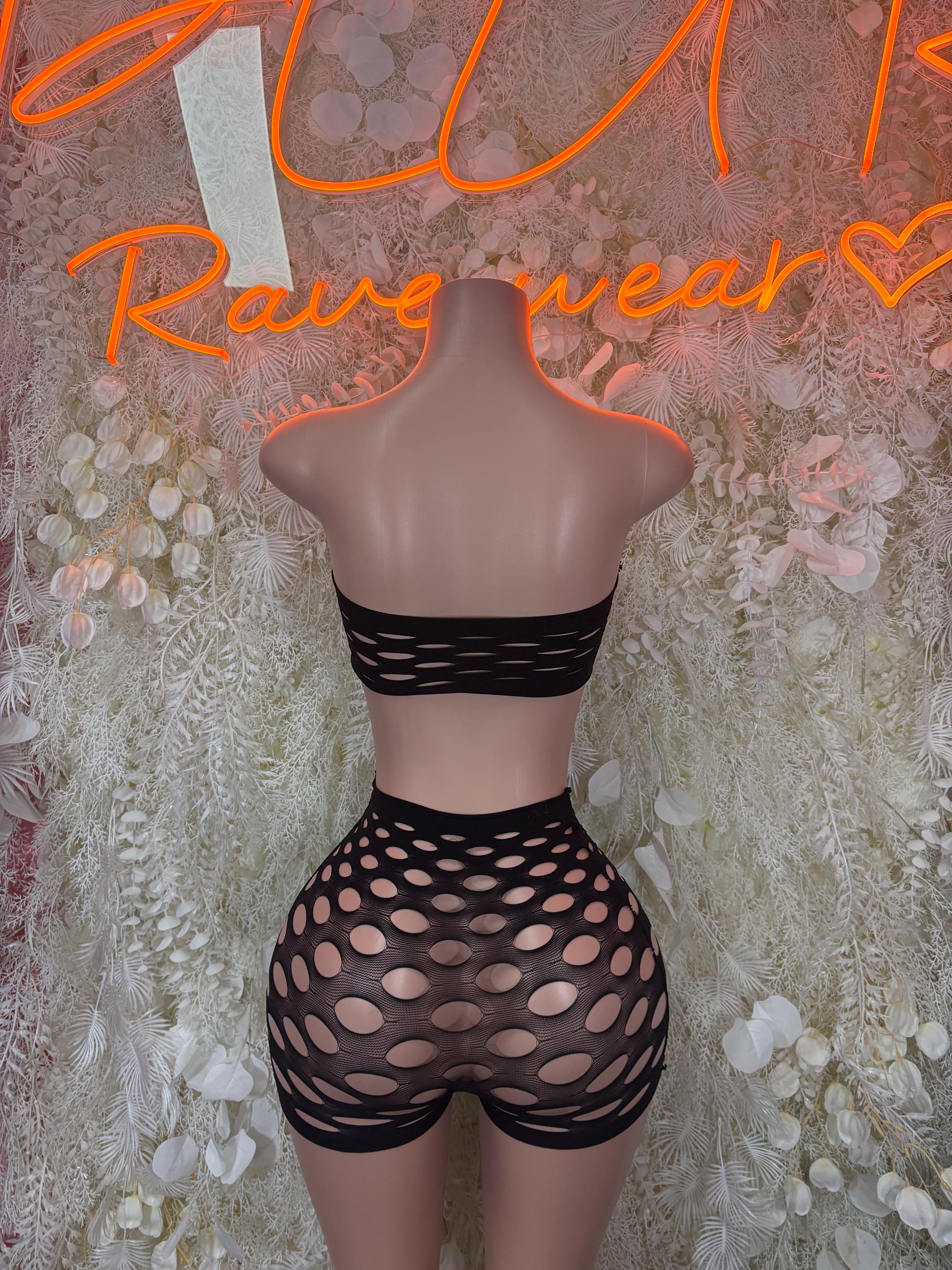 Black fishnet two-piece pinned set, strappy bandeau top and high-waist shorts back view