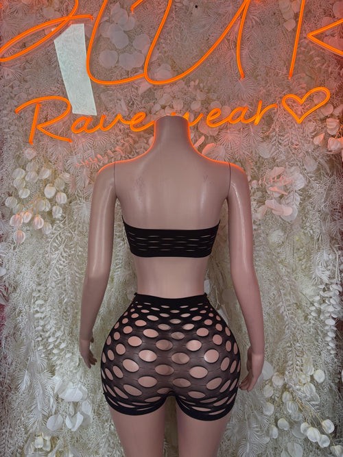 Black fishnet two-piece set: bandeau top and oval-cutout shorts