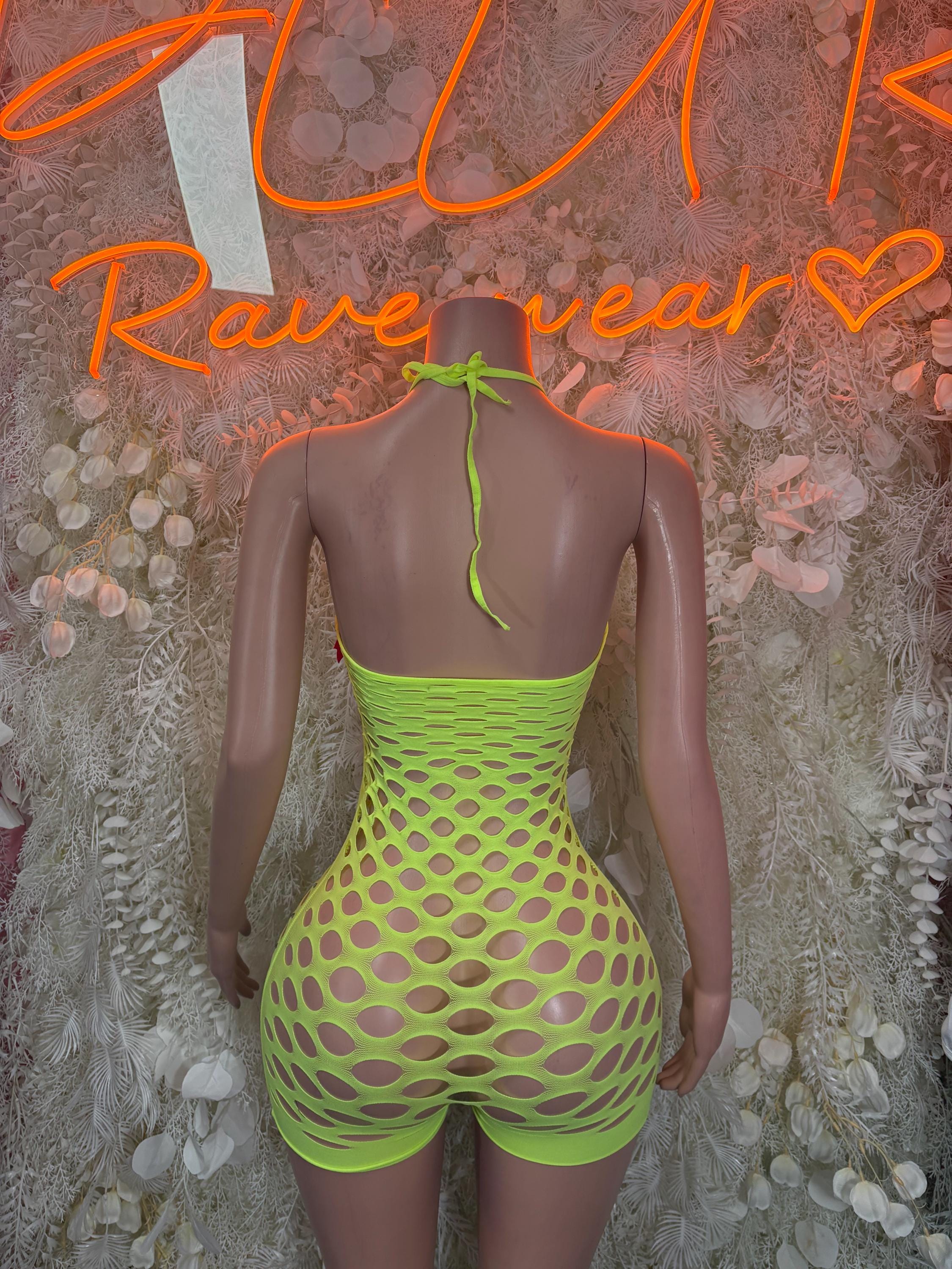 Neon green fishnet bodysuit, open back with thin tie straps and high-cut shorts