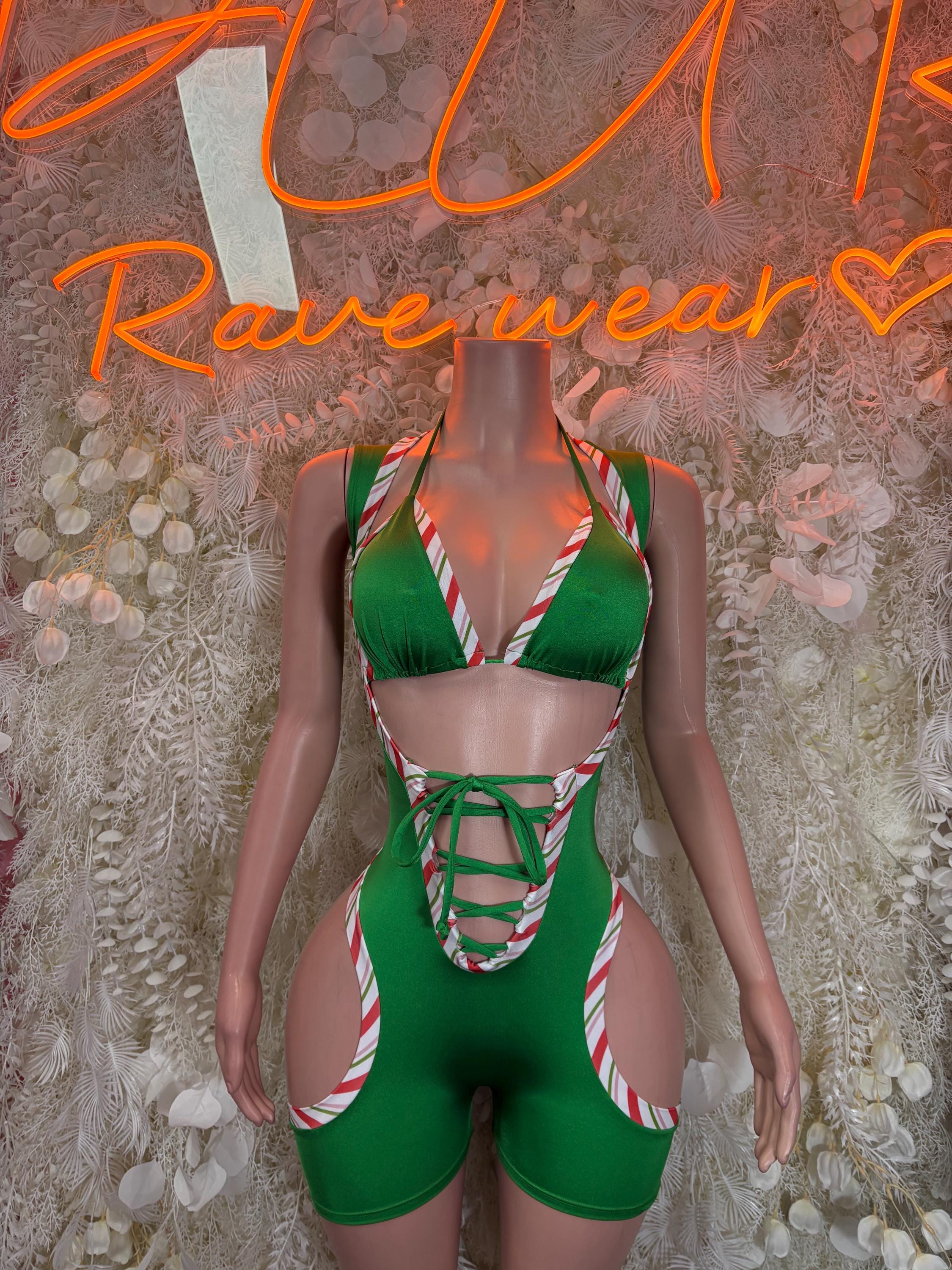 Green holiday bodysuit with red-white striped panels and front crisscross lacing