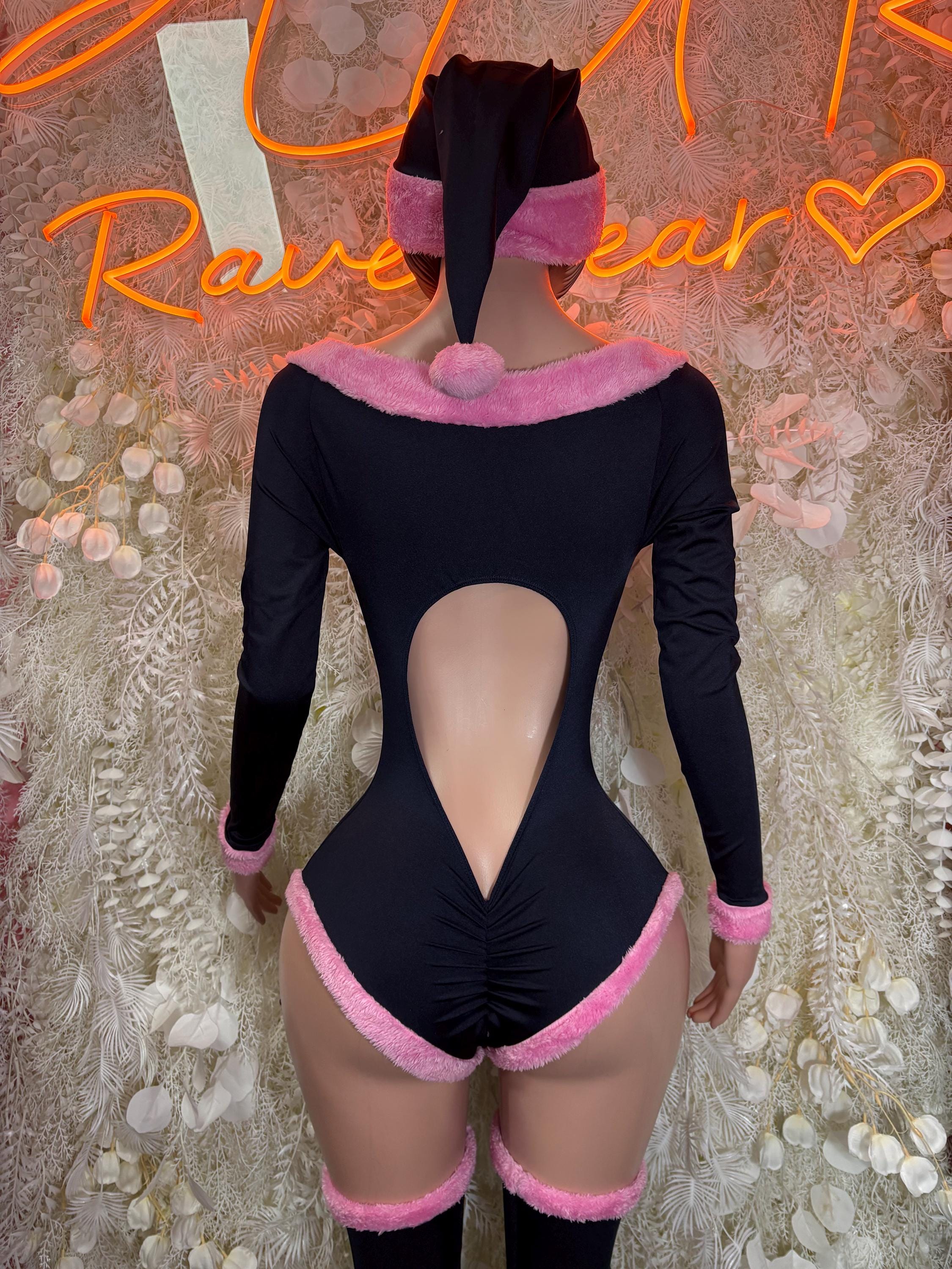 Dark elf bodysuit with lace-up front, long sleeves, and pink faux-fur hat