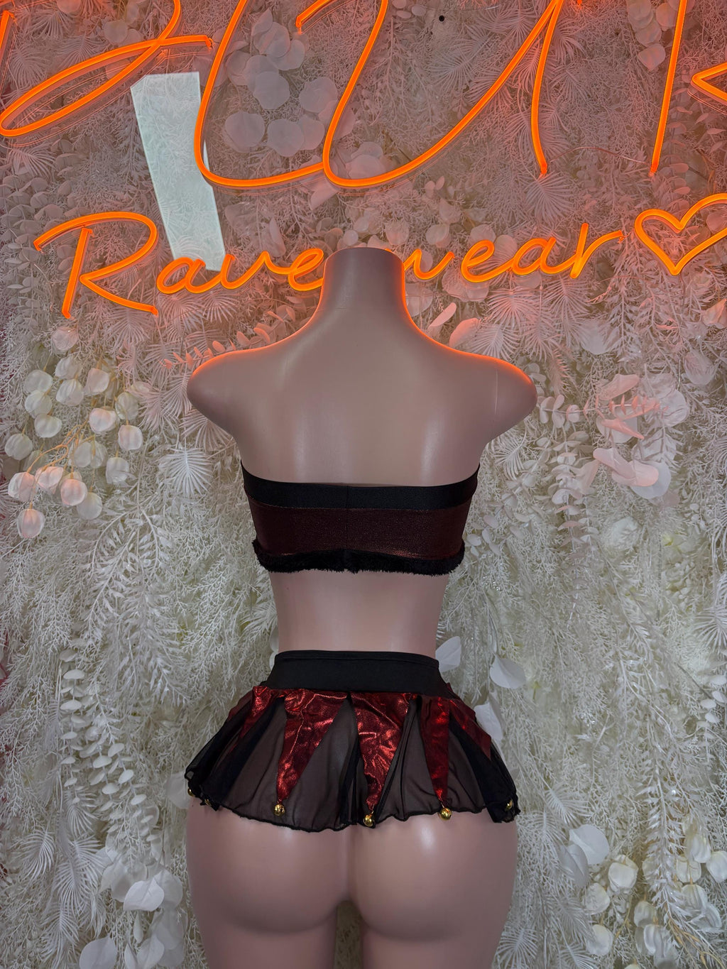 Christmas bartender skirt set with black bandeau top and red satin ruffle mini skirt