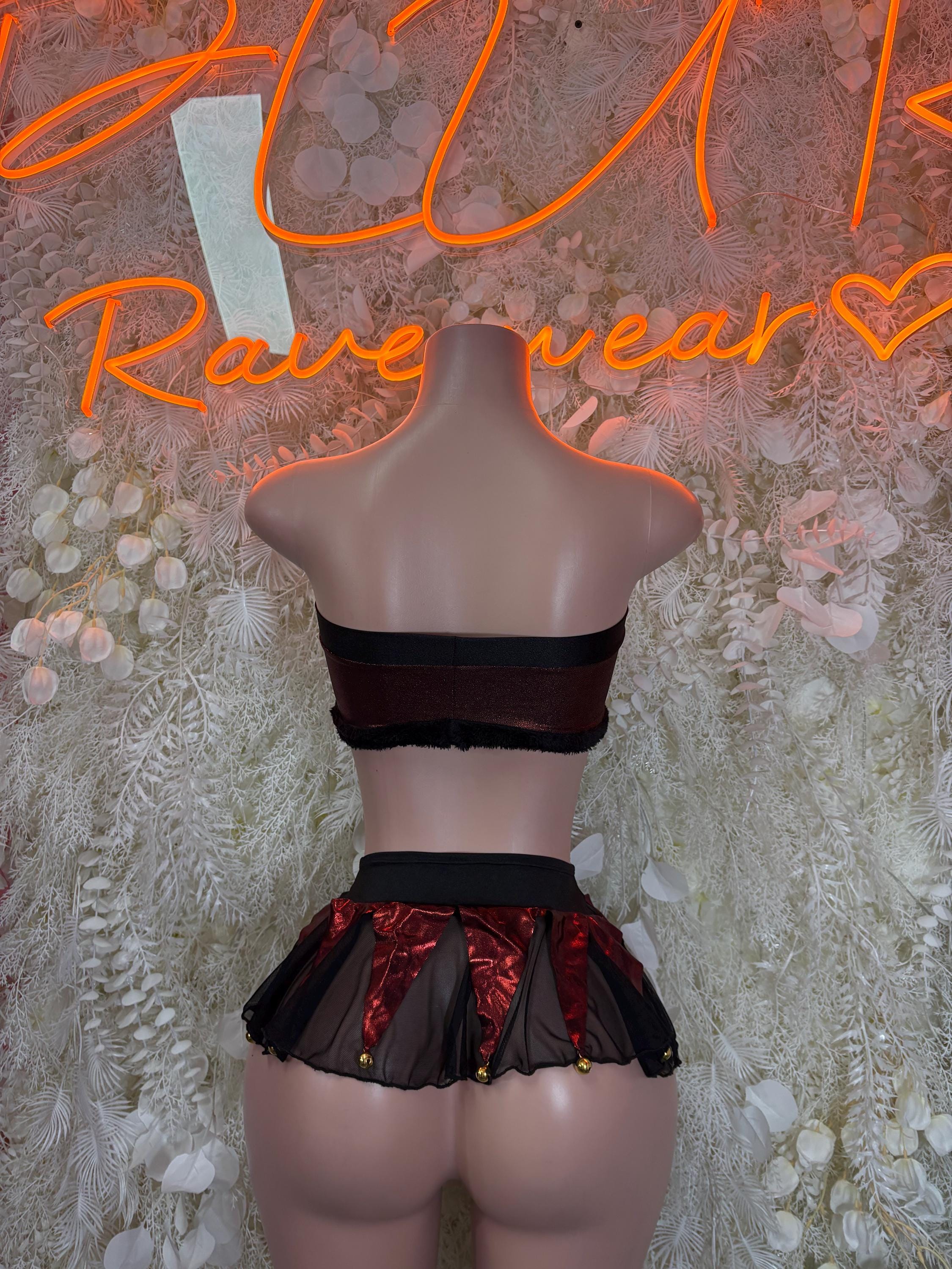 Christmas bartender skirt set with black bandeau top and red satin ruffle mini skirt