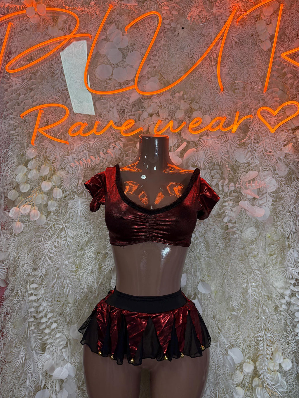 Metallic red crop top with short sleeves and tiered ruffle mini skirt set