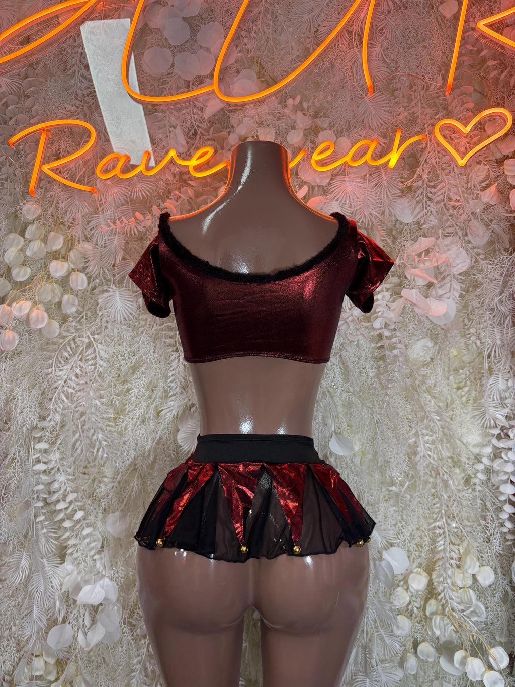 Metallic red strappy crop top and layered ruffle mini skirt set