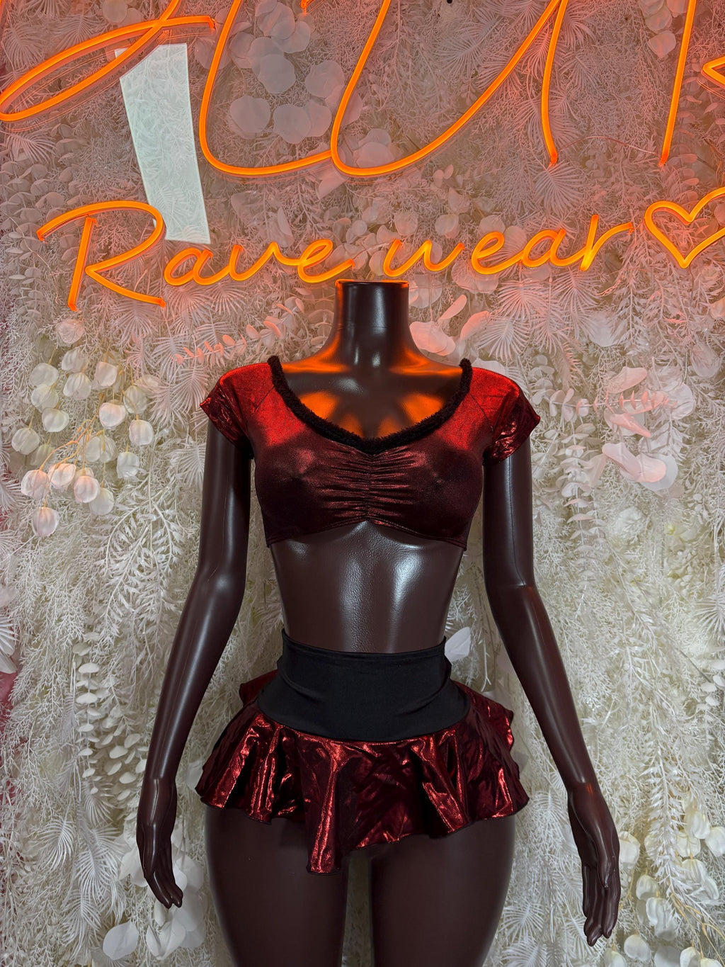 Burgundy sequin crop mini dress outfit with red ruffle skirt and black waistband