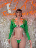 Green long-sleeve bodysuit with red-and-white striped trim and thong-style bottom