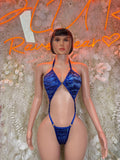 Blue snake-print slingshot festival lingerie set with triangle top and string bottom