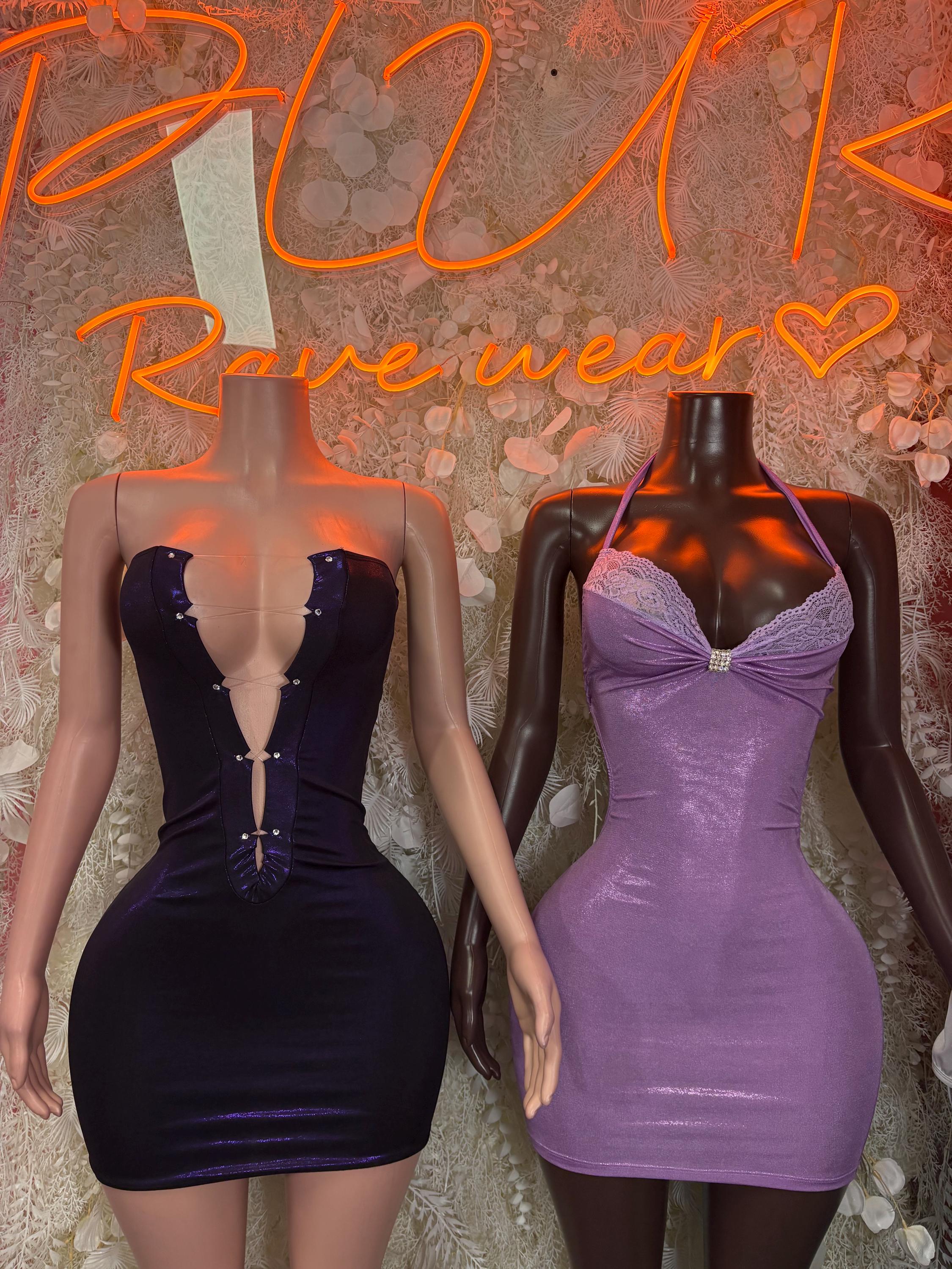 Two metallic mini dresses: dark purple corset style and lavender sleeveless sweetheart