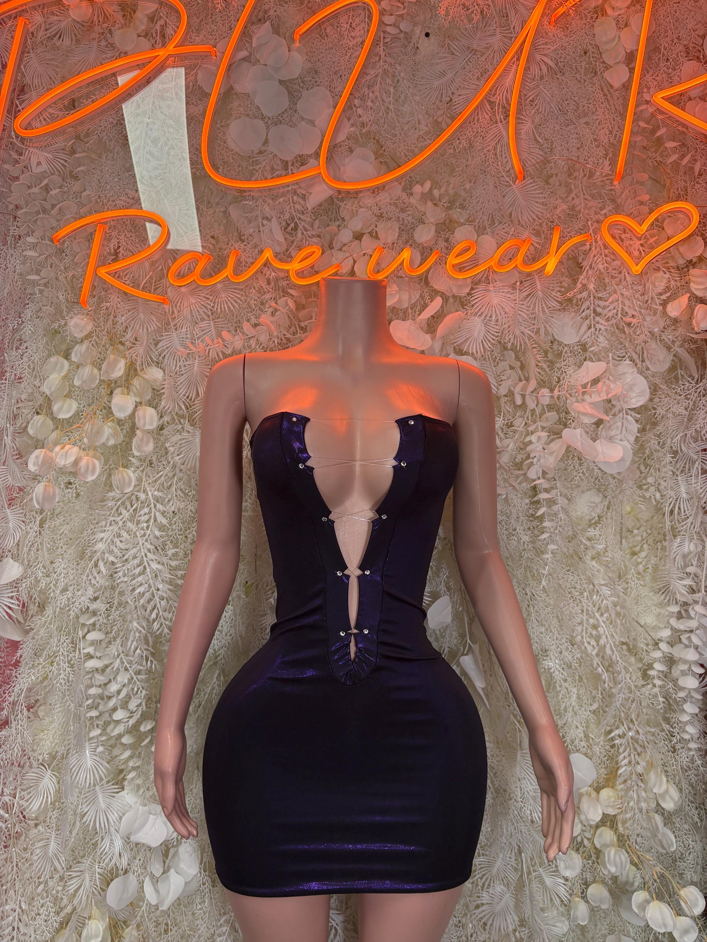 Metallic corset mini dress, dark purple/black, V-neck and button front, sleeveless