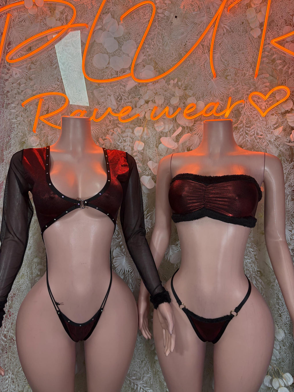 One-piece dancewear outfit with long sheer sleeves, bandeau top, and thong bottoms