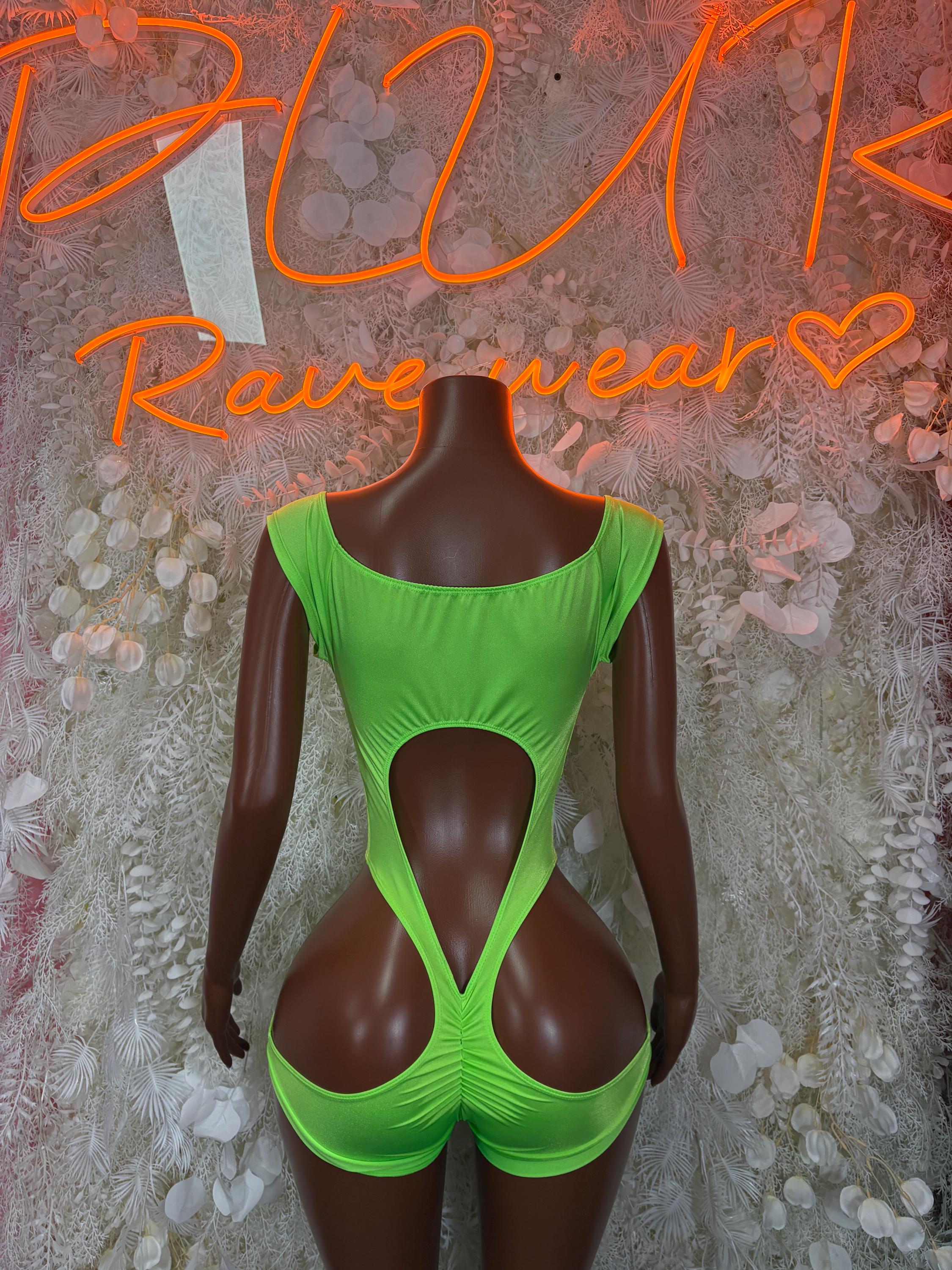 Green velvet festival bodysuit with scoop neckline and keyhole cutout at center