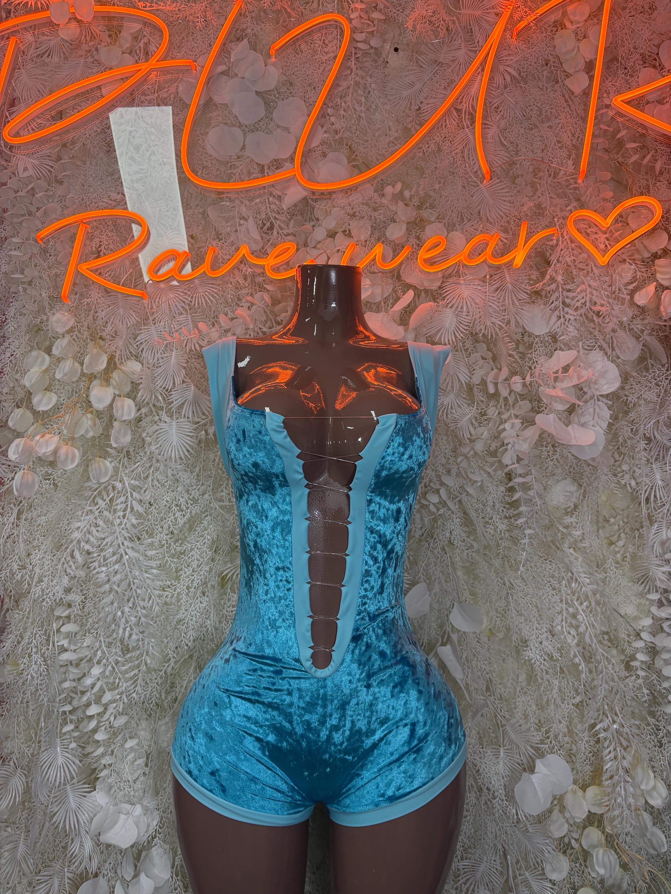 Light blue bodysuit with deep front cutout and corset-style lace-up back