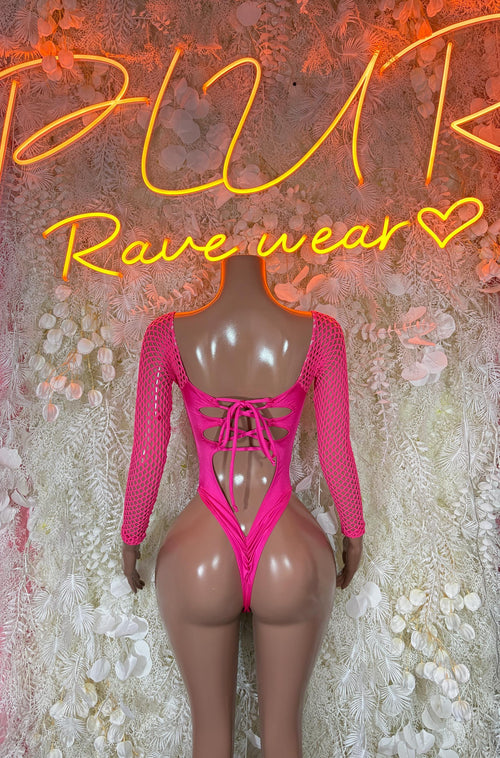 Pink lace-up bodysuit with long mesh sleeves and low back, thong fit