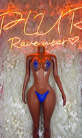Blue rhinestone triangle bikini set with heart-shaped center, string bottom