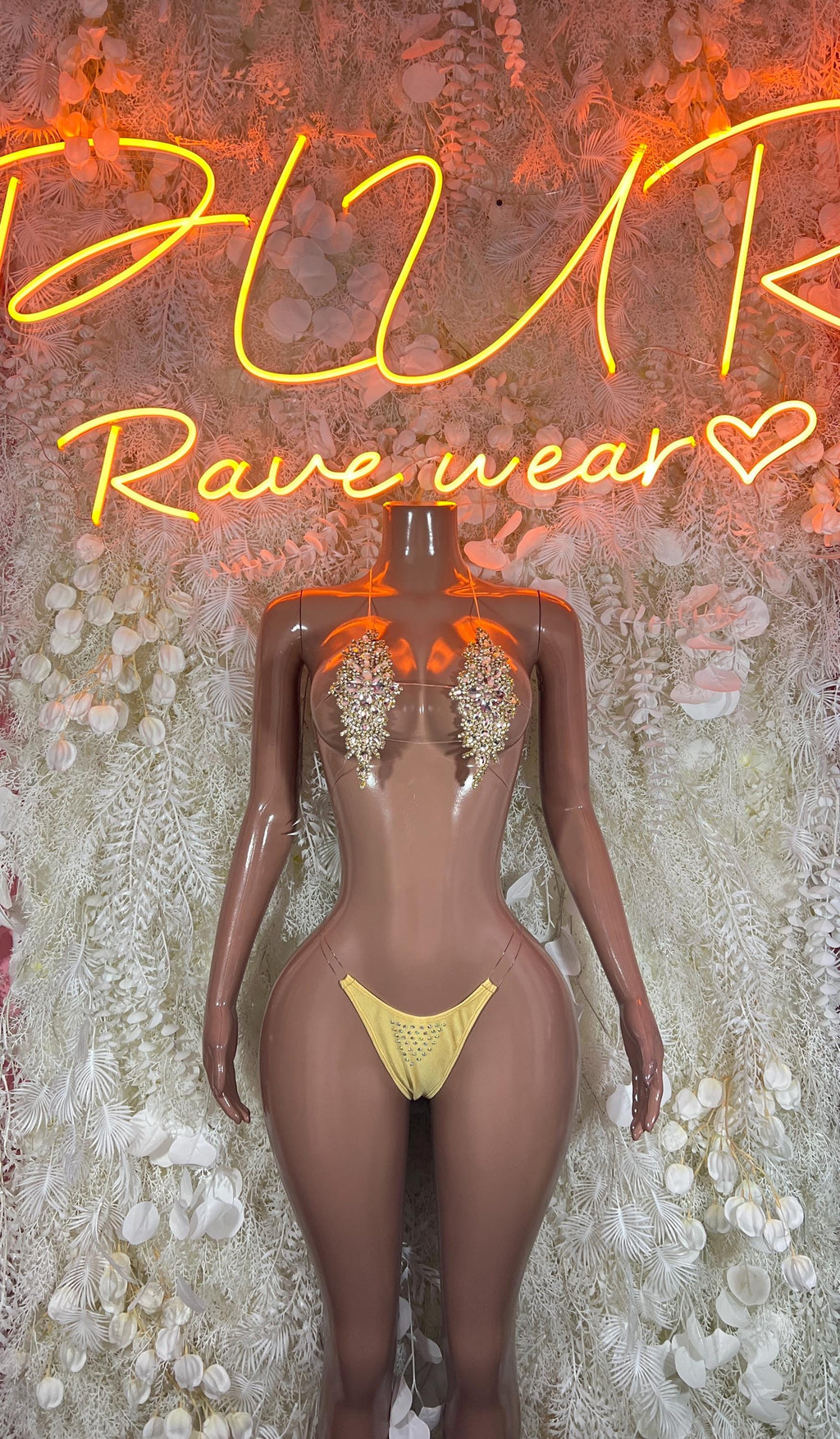 Rhinestone crystal bikini set with yellow thong bottoms and silver gem bra cups
