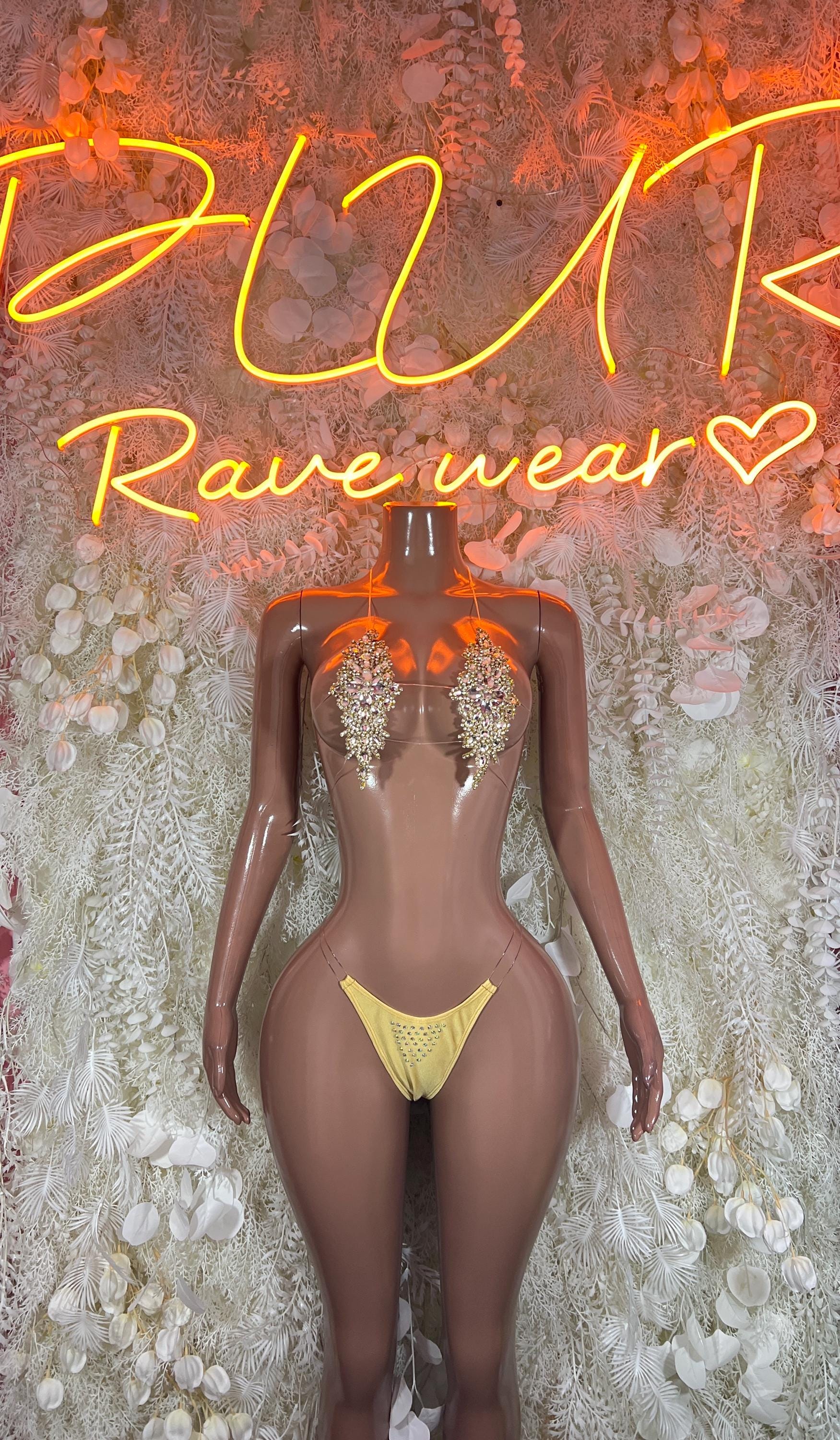 Rhinestone crystal bikini set with yellow thong bottoms and silver gem bra cups