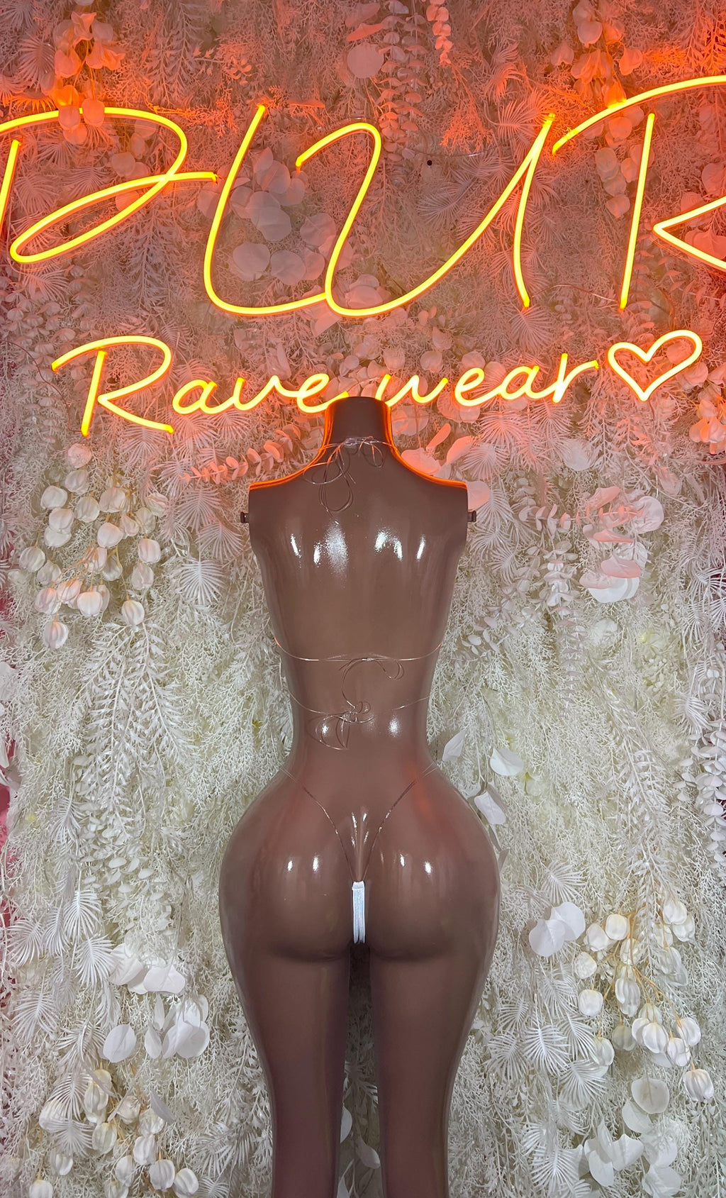 Gold rhinestone bikini set with triangle top and thong bottom, front view on mannequin