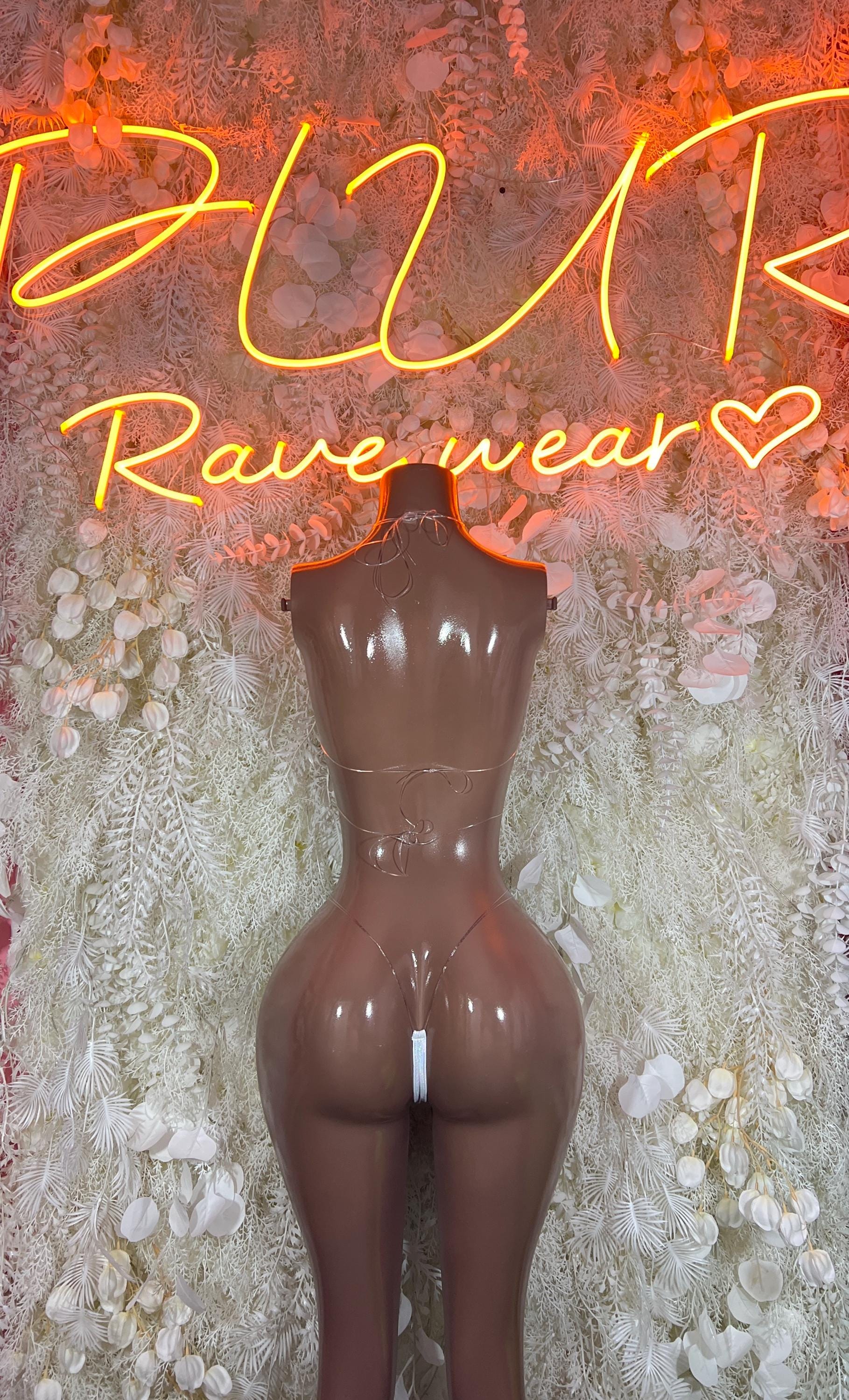 Gold rhinestone bikini set with triangle top and thong bottom, front view on mannequin