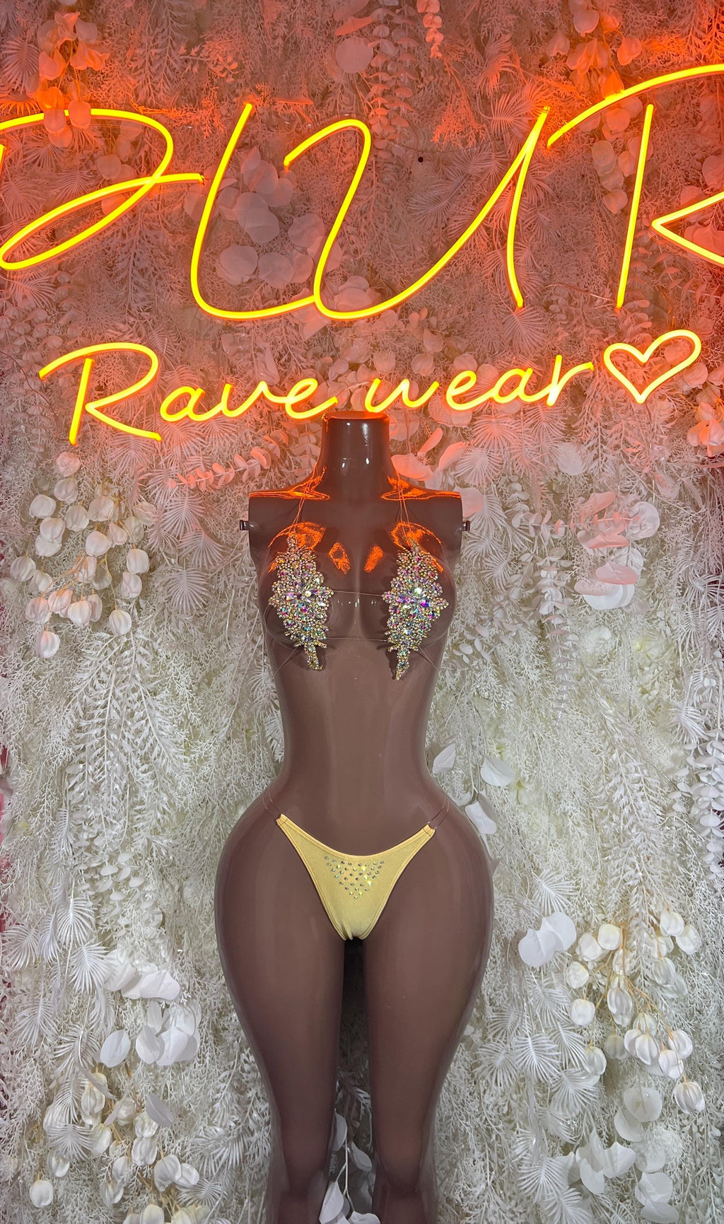 Rhinestone bikini set with yellow triangle top and high-cut glitter bottoms