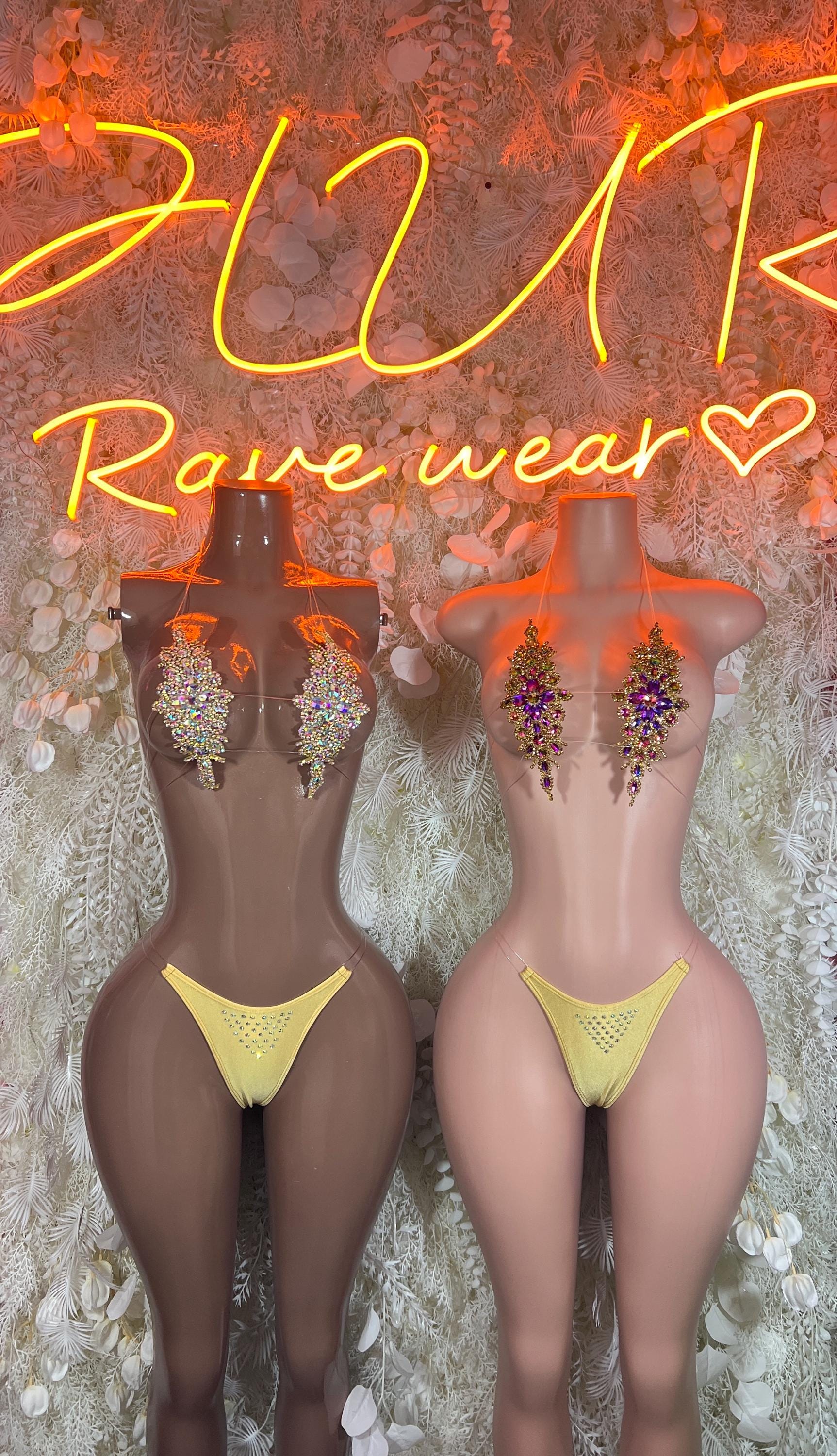 Rhinestone bikini set with yellow triangle top and high-cut glitter bottoms, two models