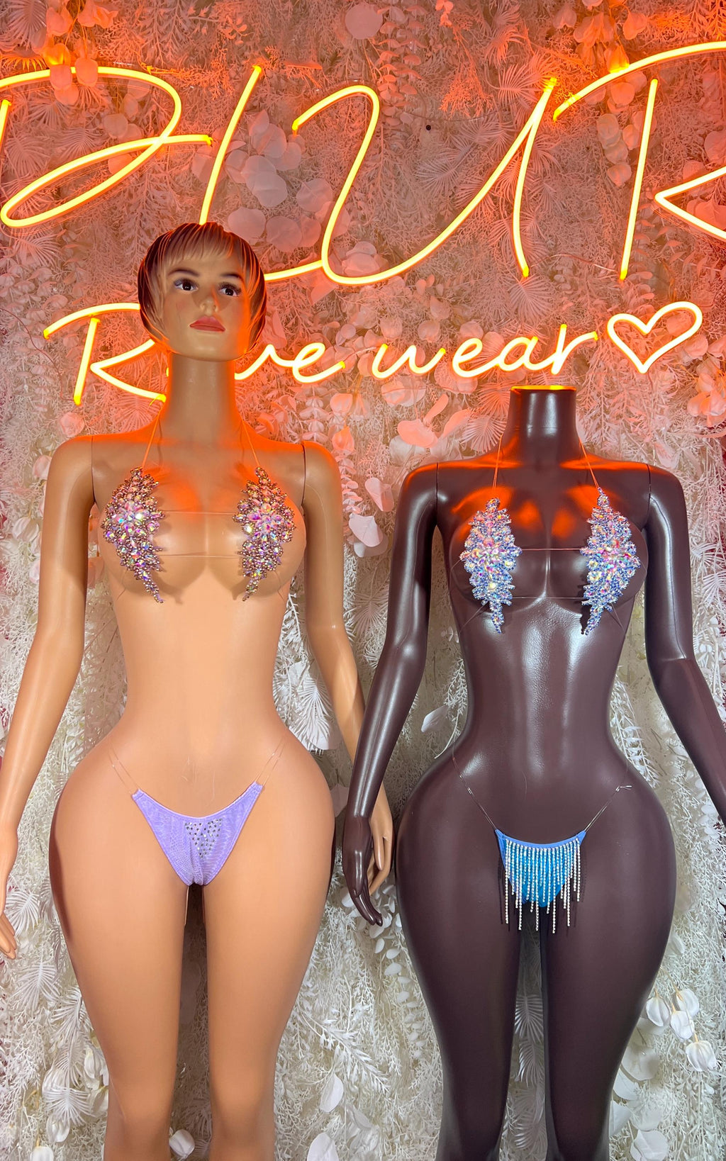 Rhinestone bikini set on model: sparkling bra cups with blue tassel fringe
