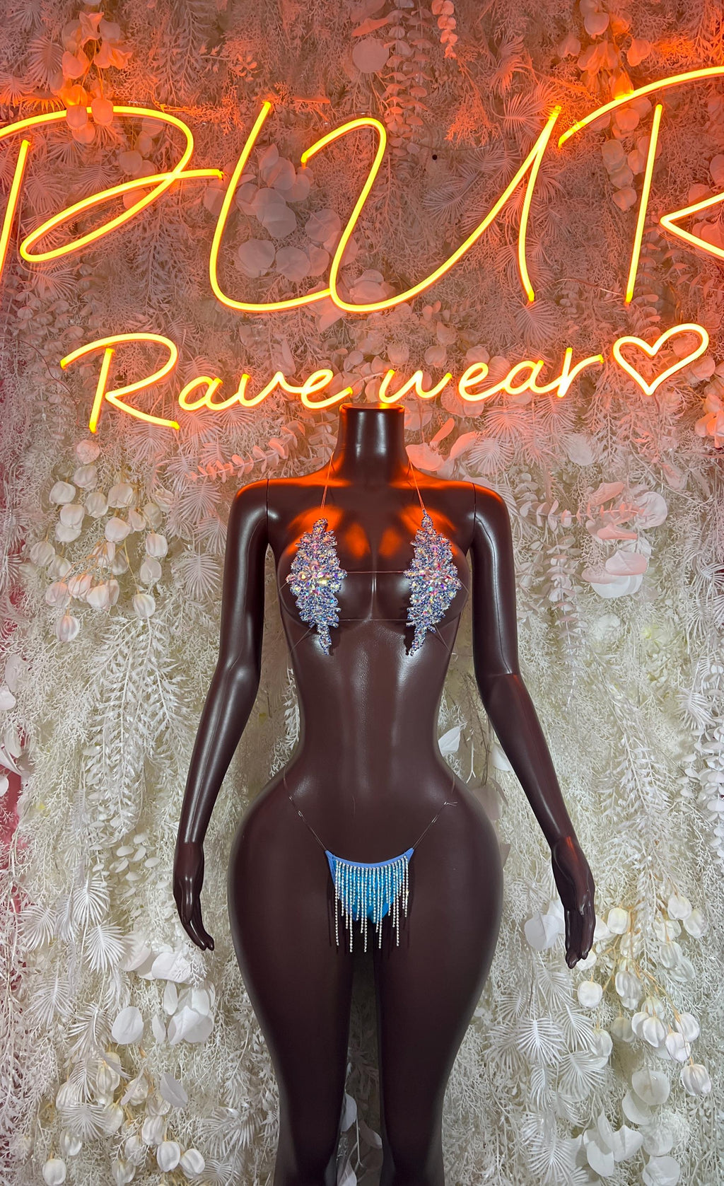 Rhinestone bikini set with glitter bra cups and blue tassel fringe detail