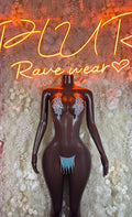 Rhinestone bikini set with glitter bra cups and blue tassel fringe detail