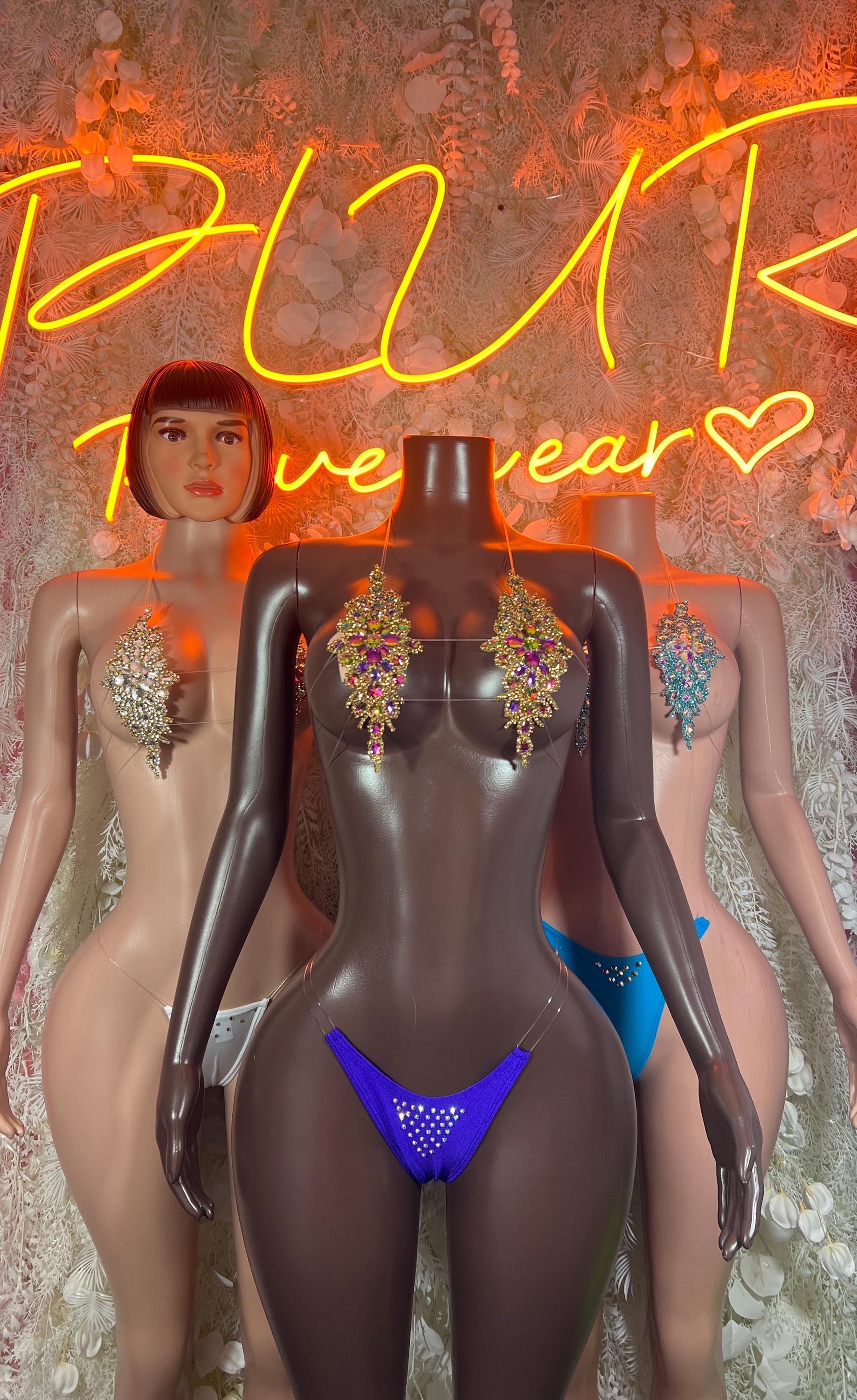 Blue rhinestone triangle bikini bra with jeweled detailing and blue thong bottoms