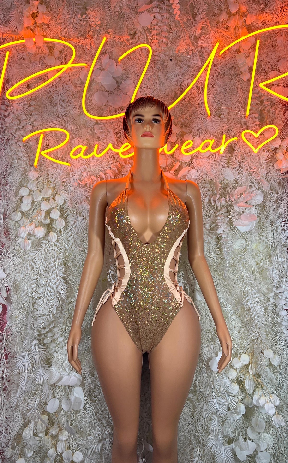 Bottlegirl gold metallic one-piece bodysuit with deep V neckline and lace-up sides