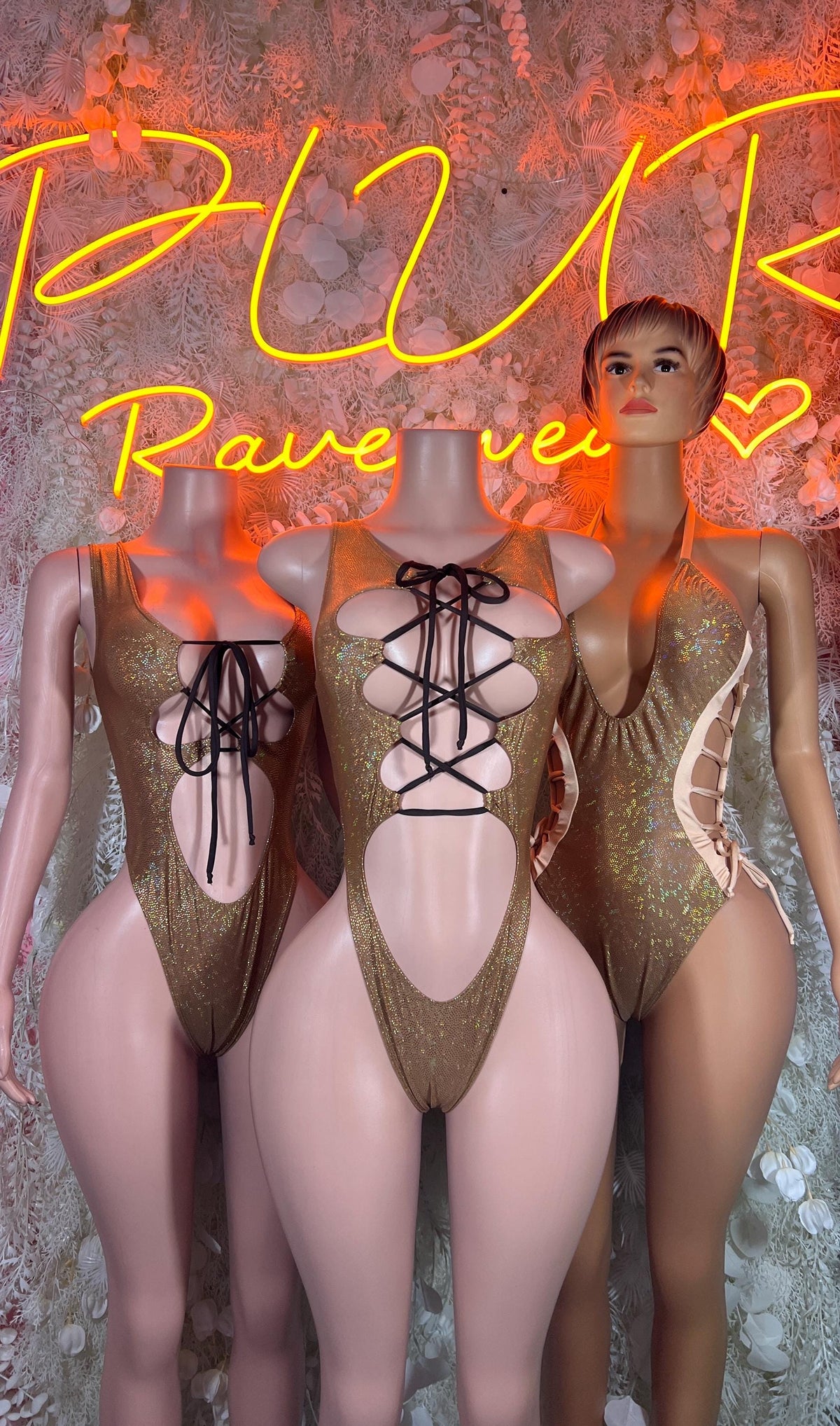 Bottlegirl gold metallic one-piece bodysuit with crisscross lace-up back detail