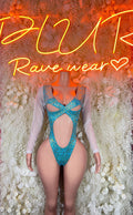 Teal glitter cheetah bodysuit with long sleeves and front cutout strap design