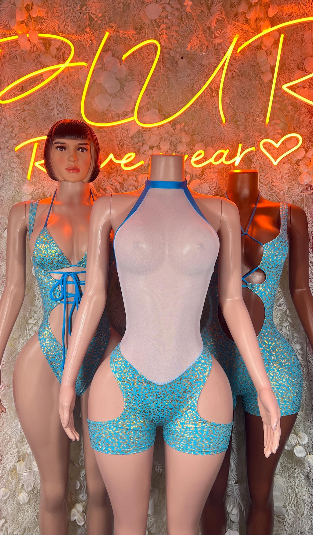 Blue-teal cheetah-print bodysuit with thong back and front cutout bikini shape