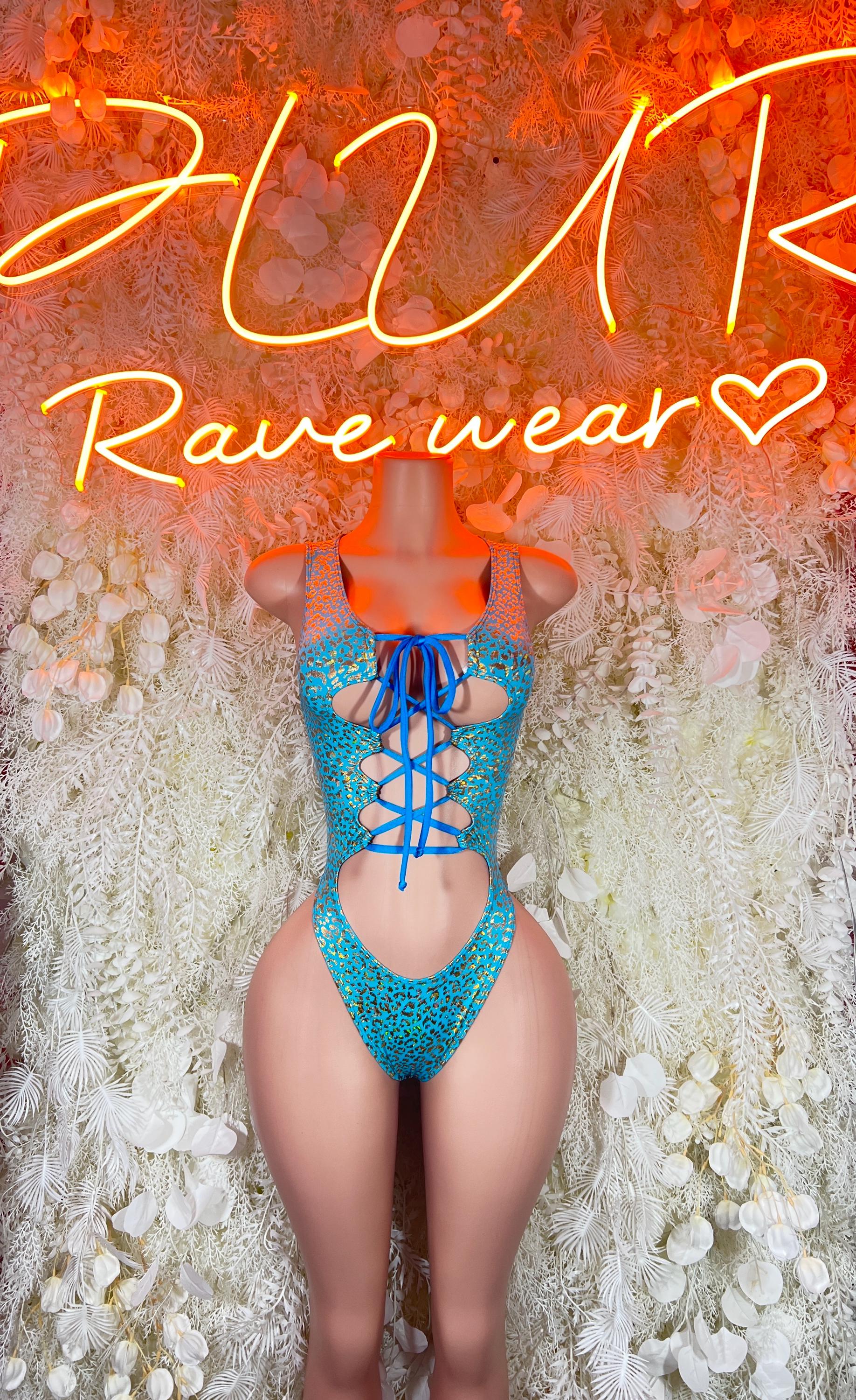 Teal cheetah-print lace-up bodysuit with crisscross front ties
