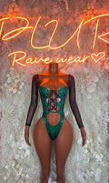Green cheetah print bodysuit with black long sleeves and crisscross lace-up front