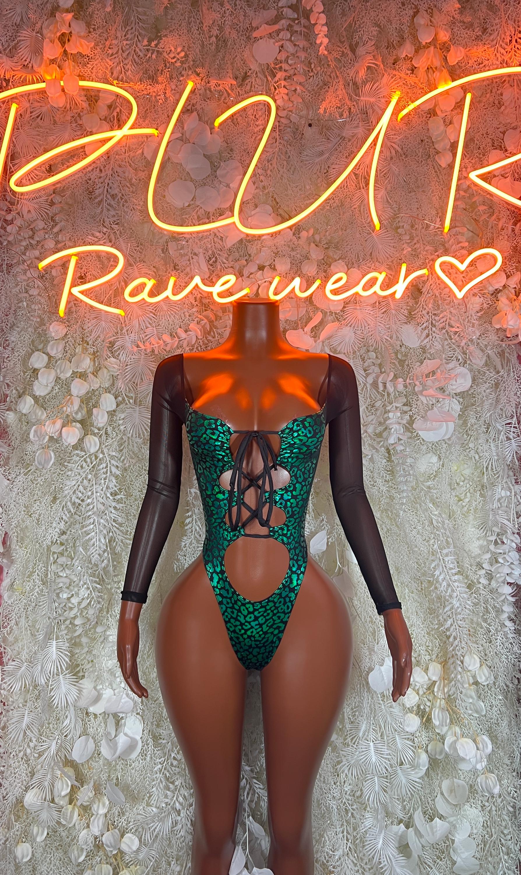Green cheetah print bodysuit with black long sleeves and crisscross lace-up front