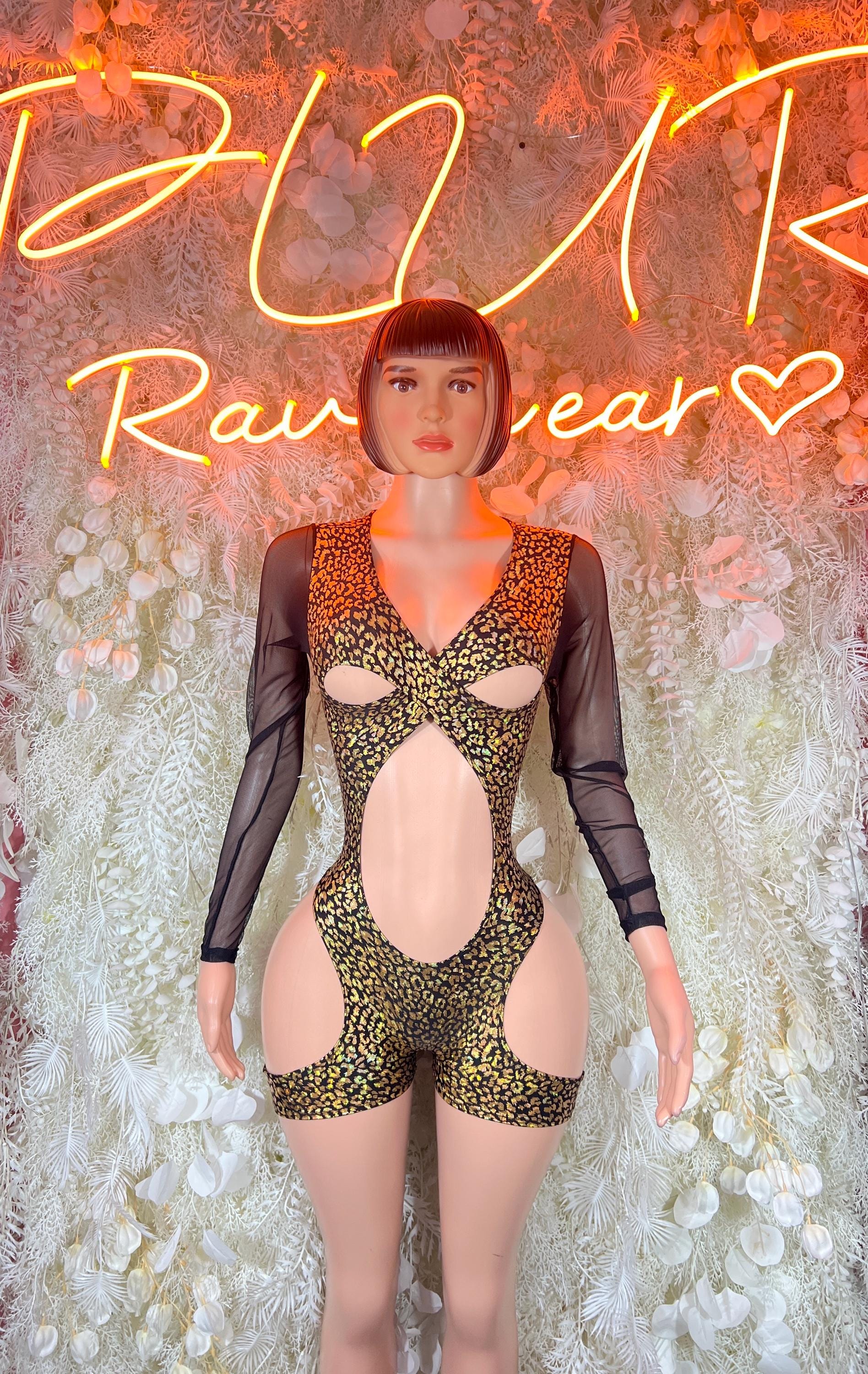 Bottlegirls gold cheetah print bodysuit with long sleeves and front waist cutout