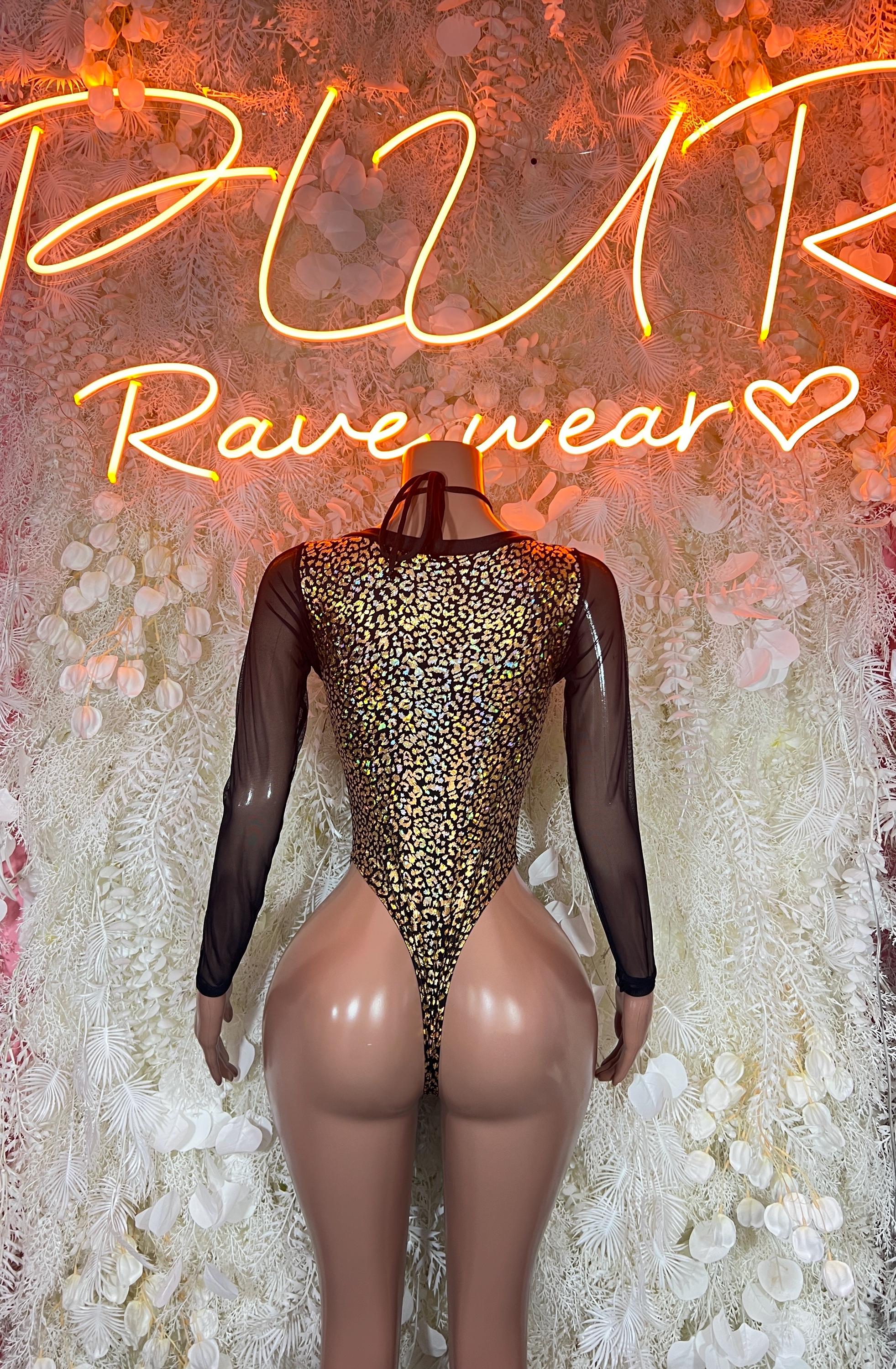 Back view cheetah print bodysuit with long sleeves, dark mesh V-back