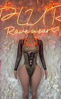 Cheetah print bodysuit with long sleeves and lace-up front, dark mesh trim