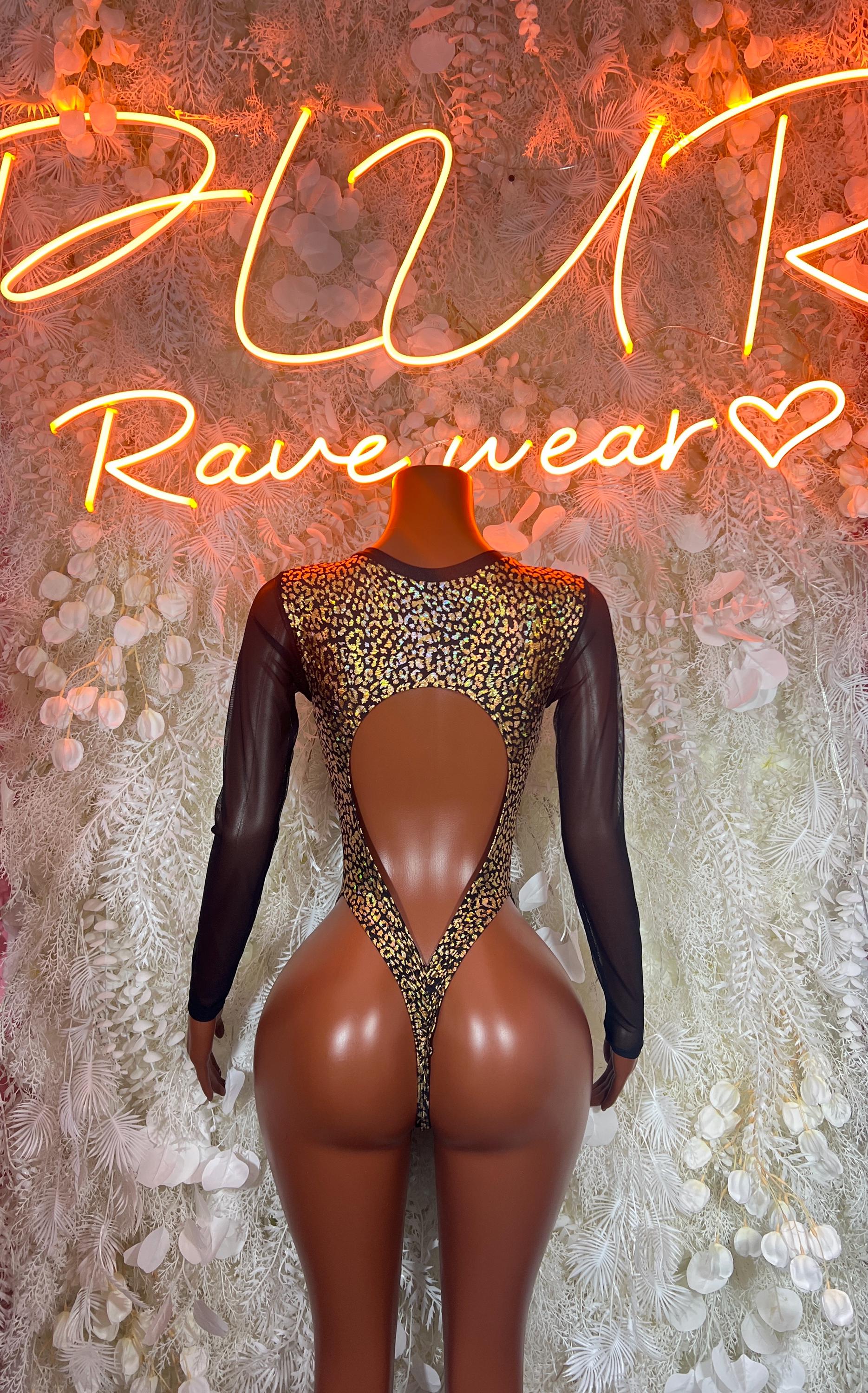 Cheetah-print bodysuit with open back and dark sheer long sleeves