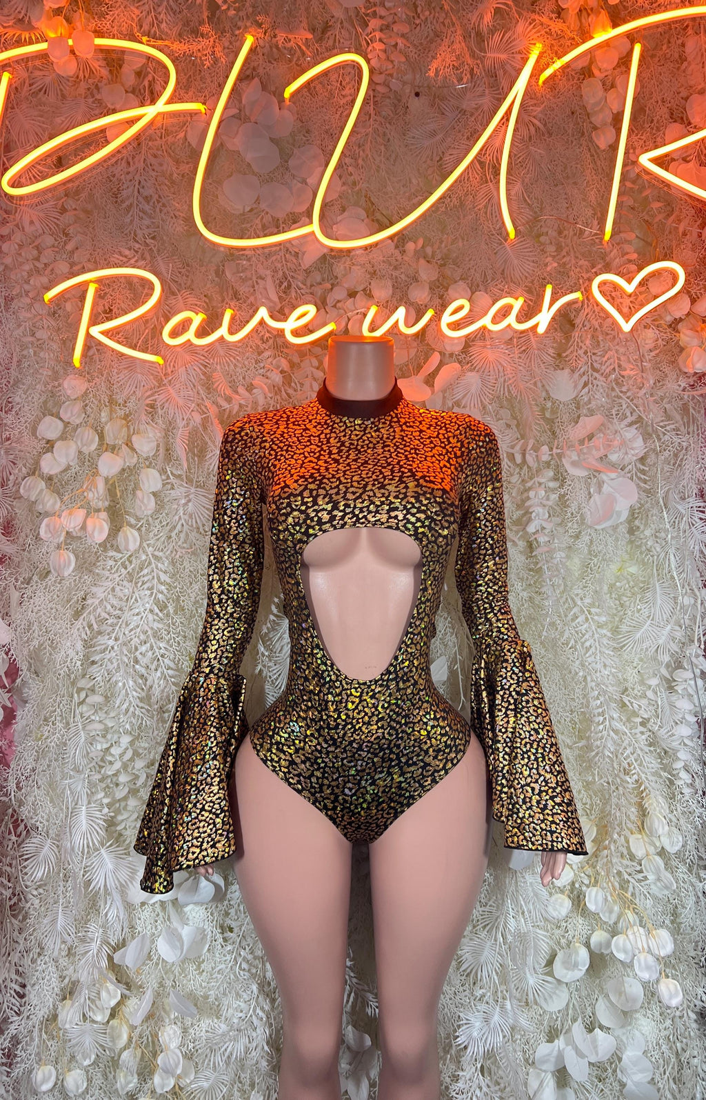 Gold cheetah-pattern bodysuit with flare sleeves, front view