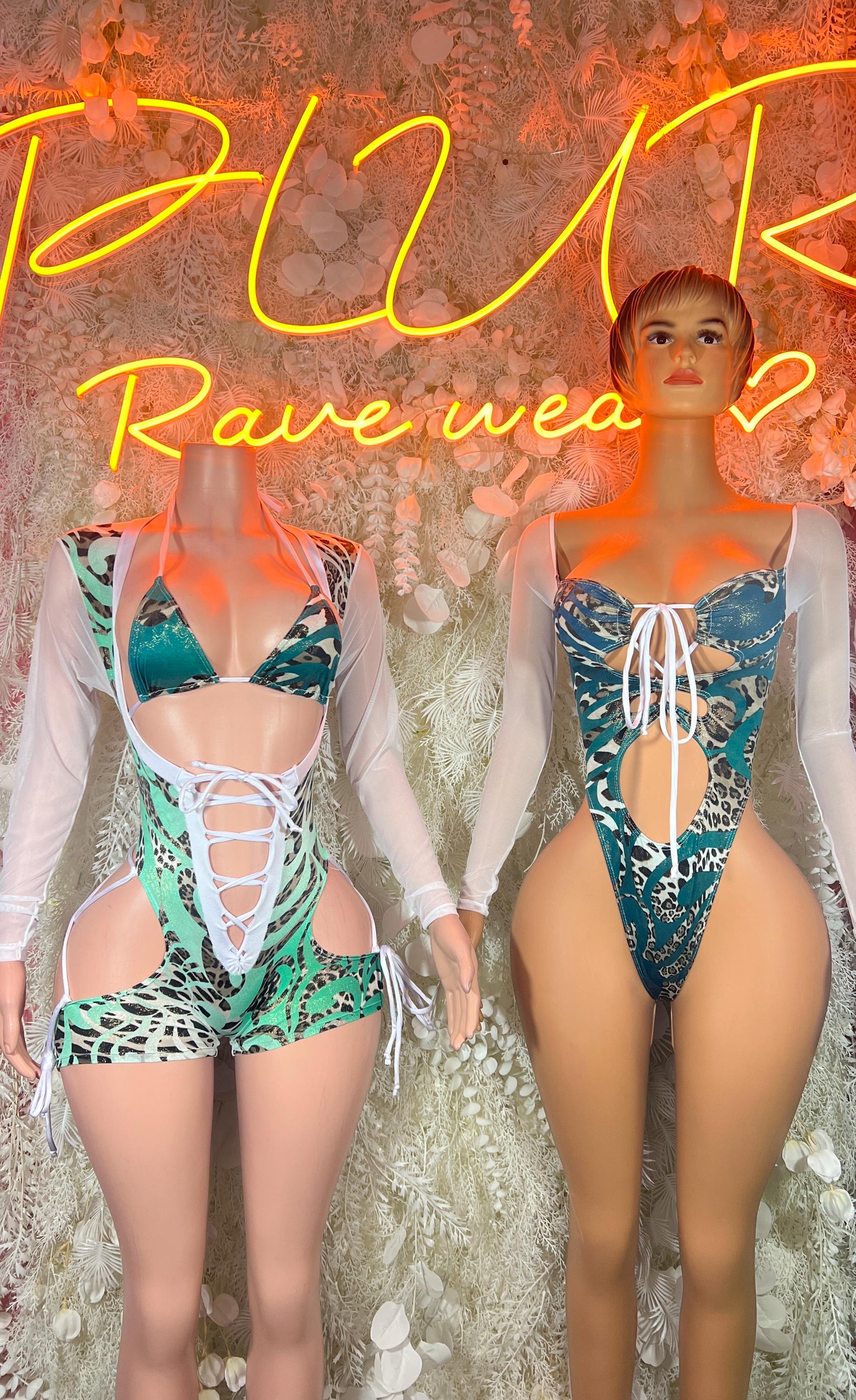 Teal cheetah rave bodysuit with white drawstring lattice front and sheer long sleeves