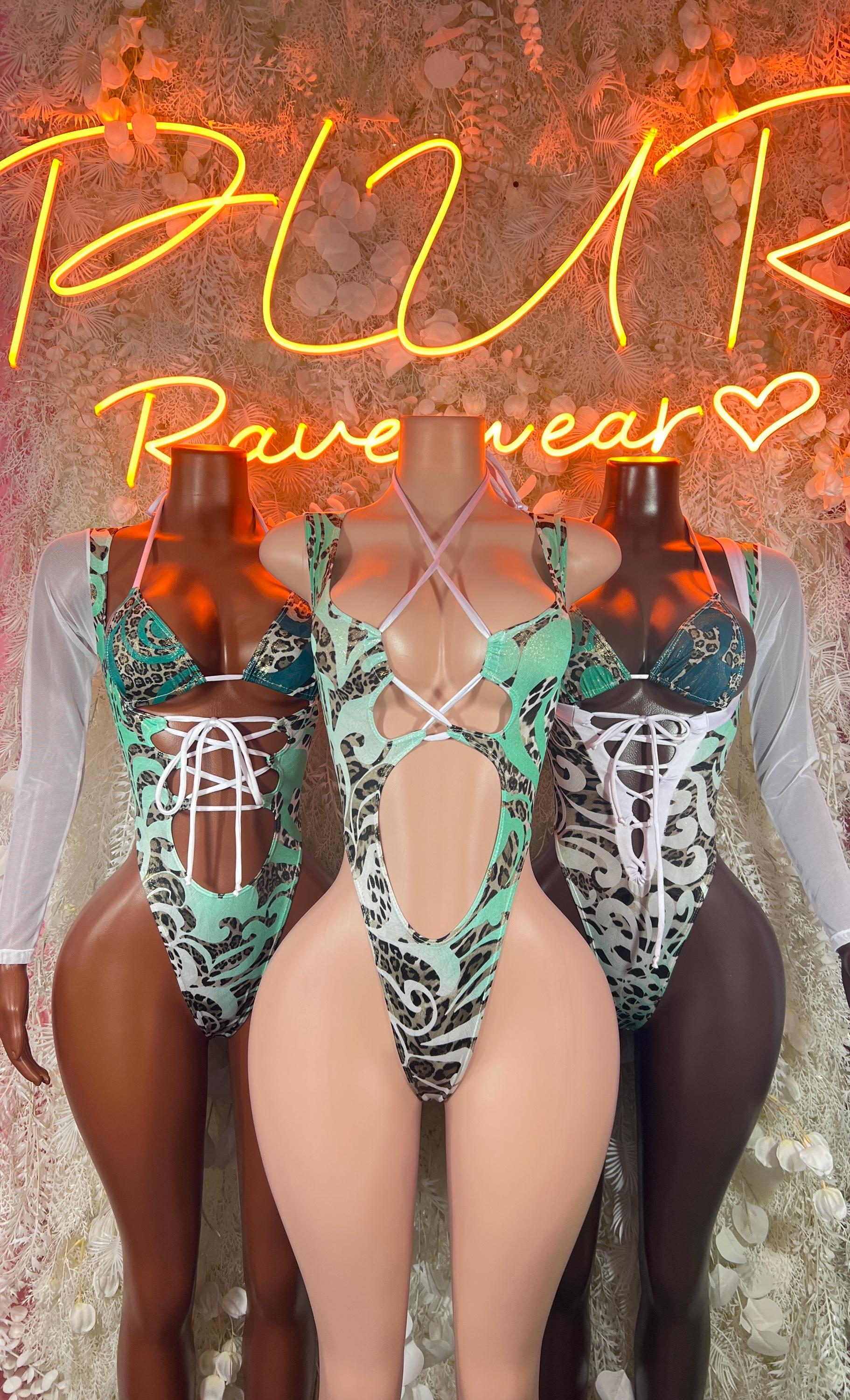 Teal cheetah-print bodysuit set with lace-up cutout details and sheer sleeves
