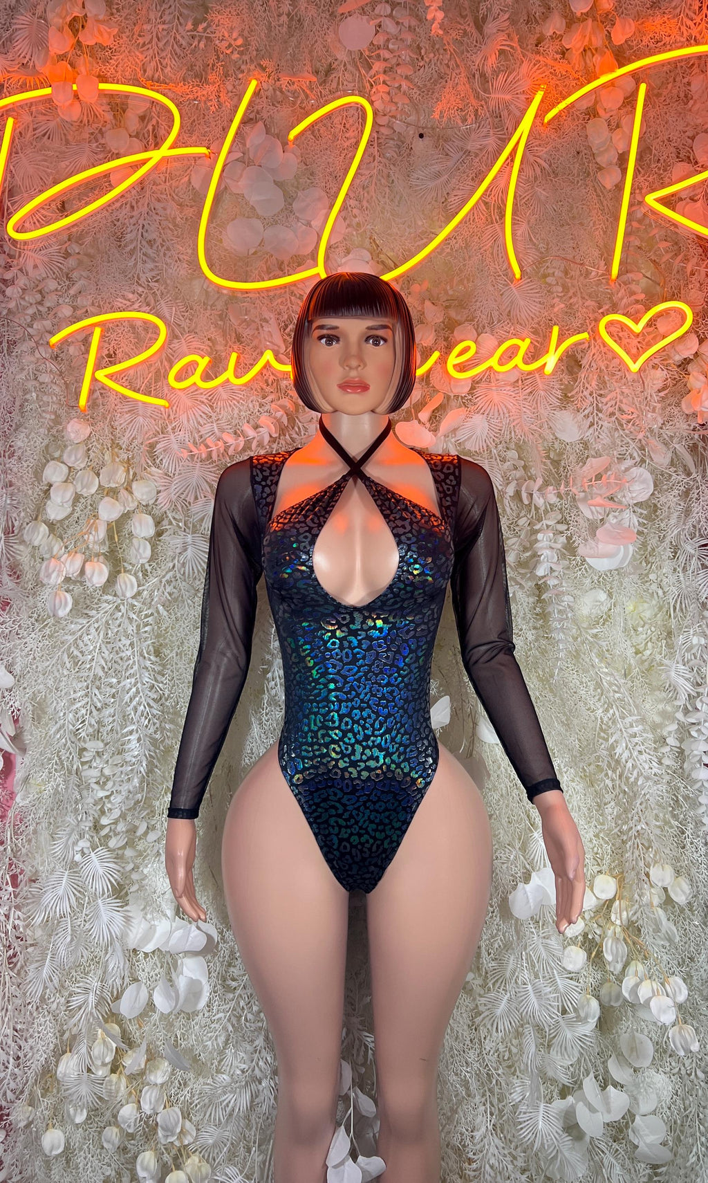 Metallic cheetah print hologram dance bodysuit with black mesh long sleeves, front view