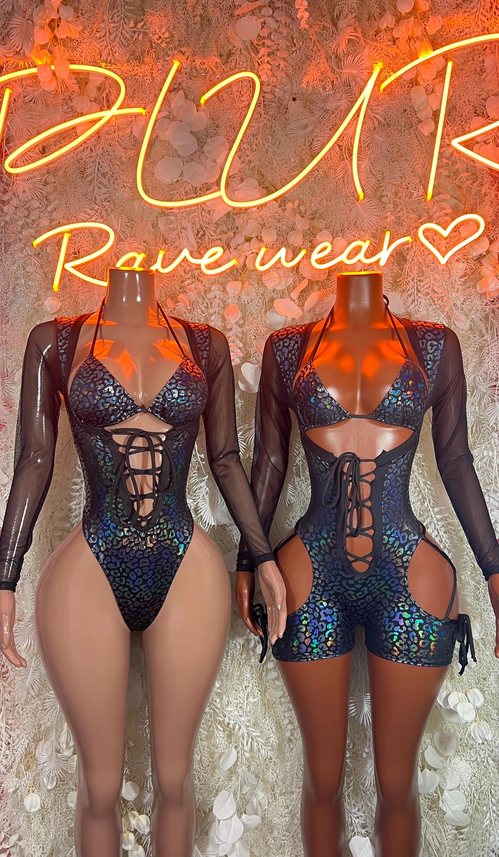 Metallic cheetah bodysuits, long mesh sleeves with lace-up front and cutouts