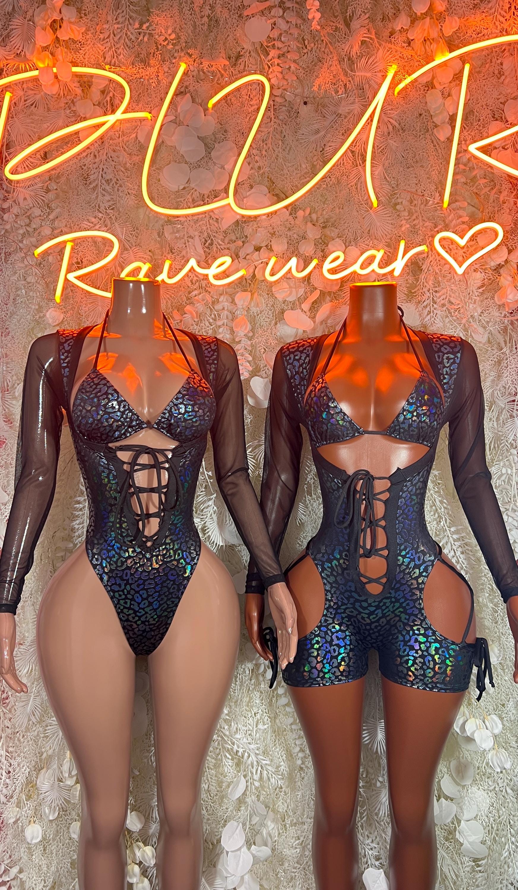Metallic cheetah bodysuits, long mesh sleeves with lace-up front and cutouts