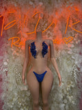 Floral rhinestone bikini set with blue top and matching bottoms, sequined petal appliques