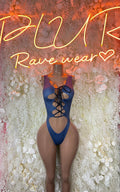 Blue sleeveless denim-print bodysuit with front crisscross lace-up and V neckline